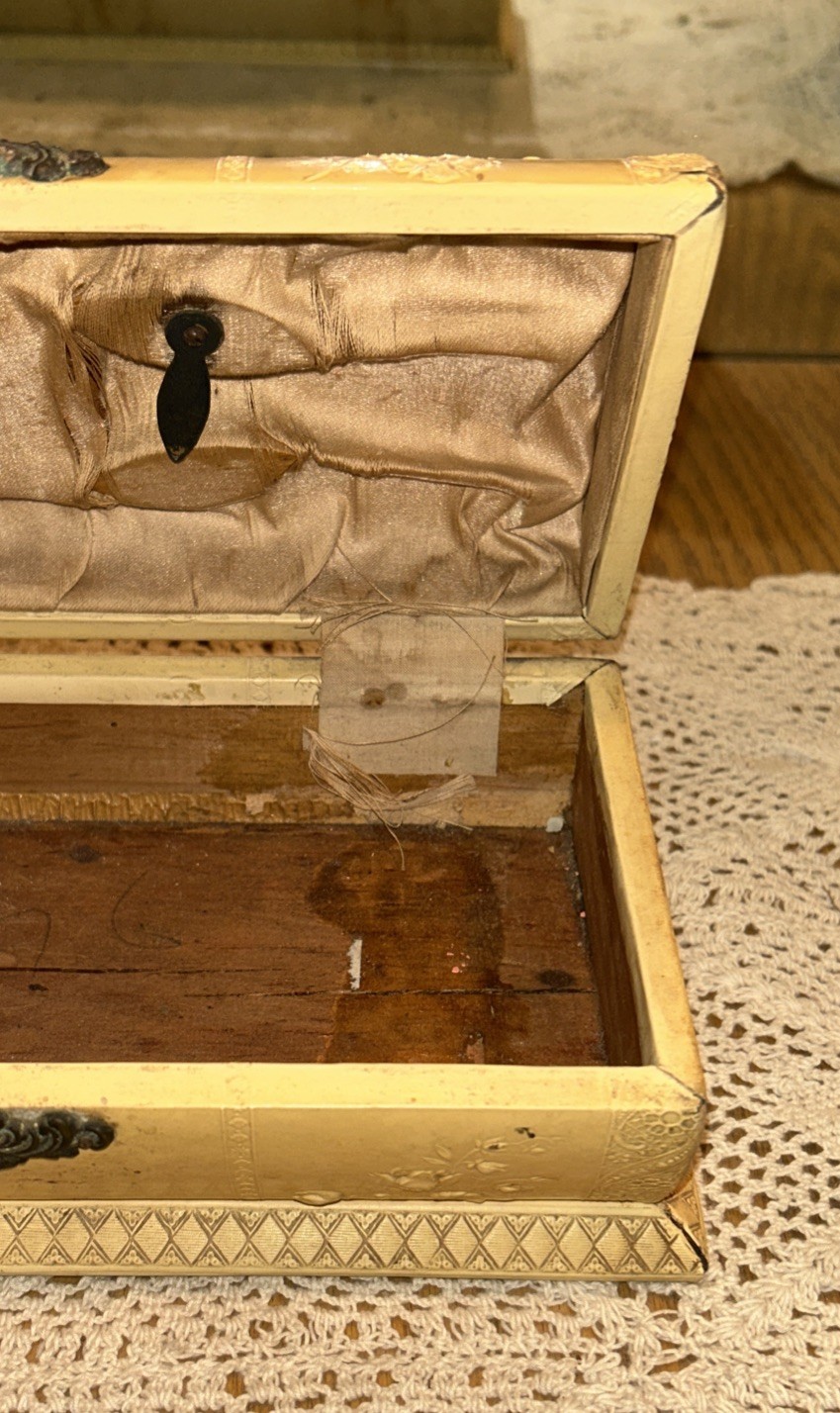 Antique Jewelry Box Engraved Angel Celluloid Wrapped Wood 9x 3.75 Oval Quite Old