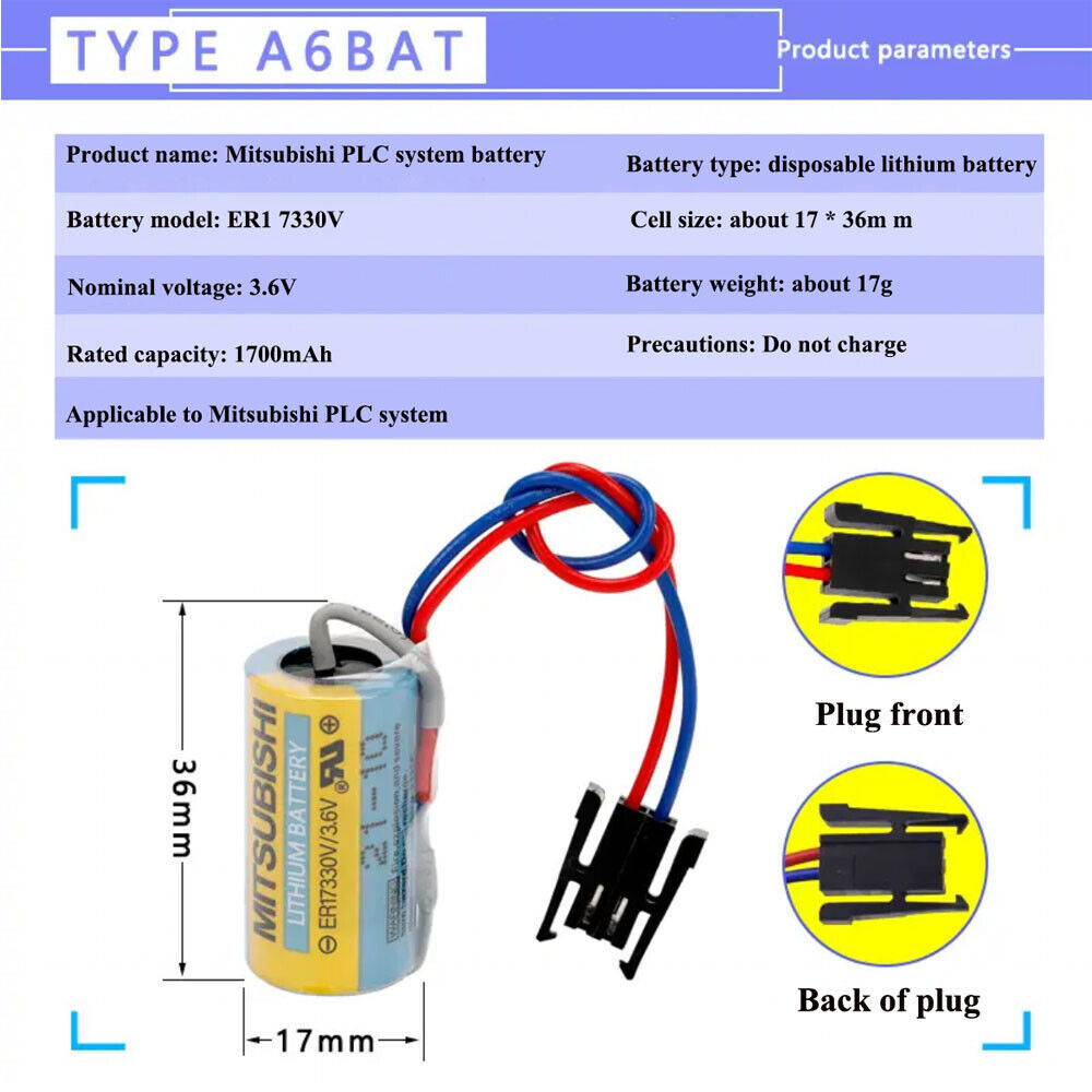 LOT (1-100 Pack) Mitsubishi A6BAT ER17330V/3.6V Size 2/3A PLC LI-ion Battery US
