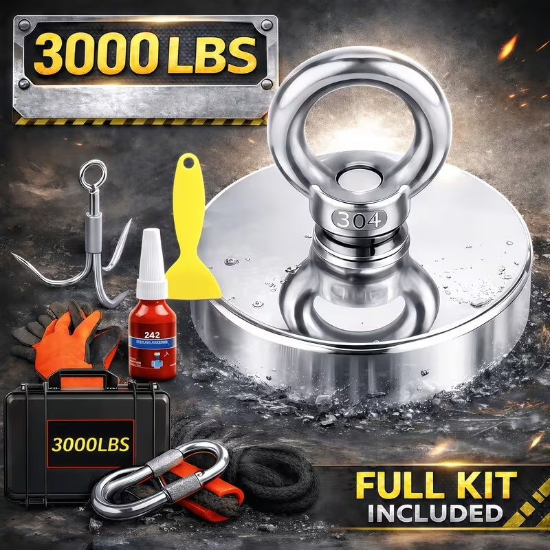 3000 lbs Fishing Magnet Full Kit, Rope, Gloves, Hook, Scraper.etc Case Free Ship