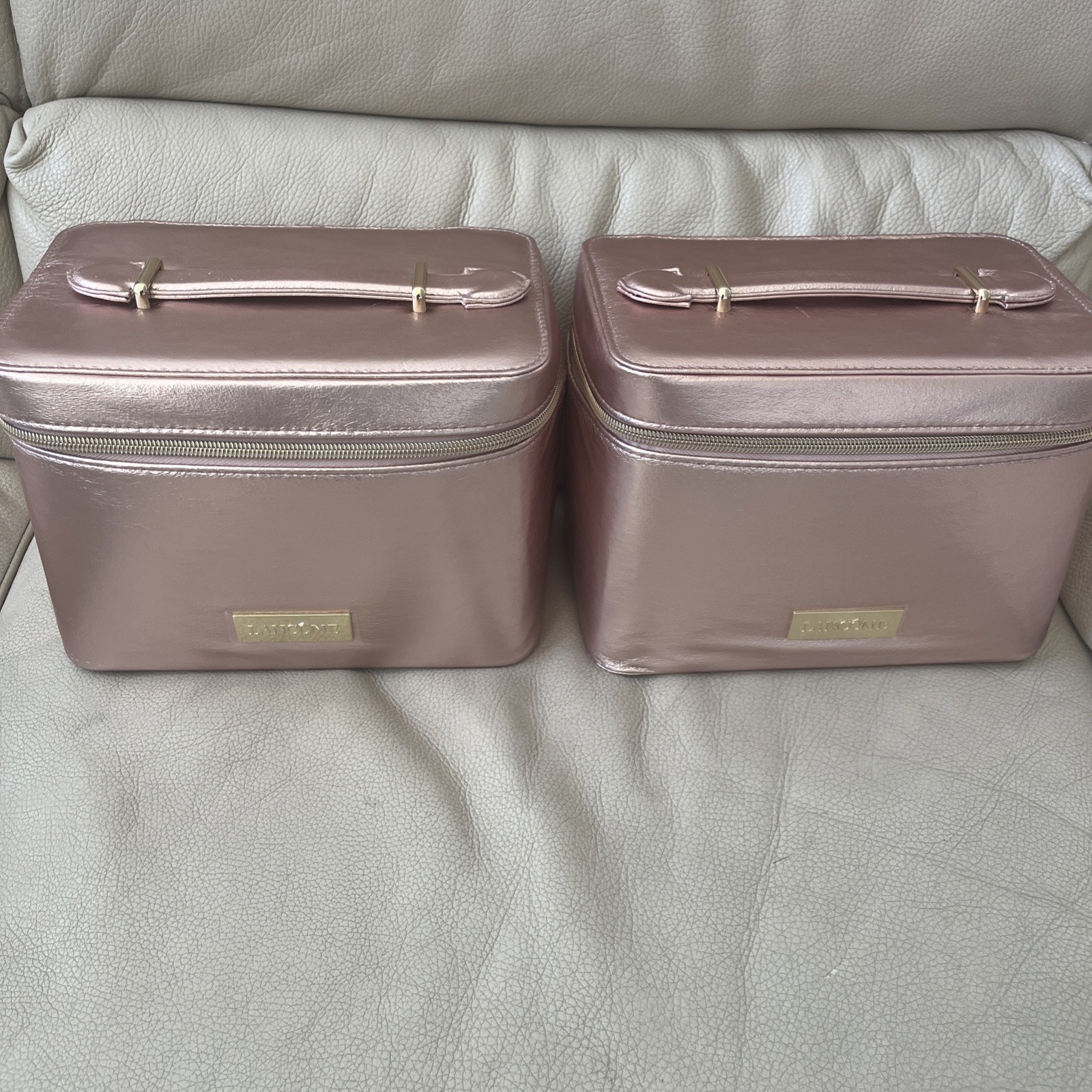 x2 Lancome Rose Gold Pink Cosmetic Top Handle Train Case