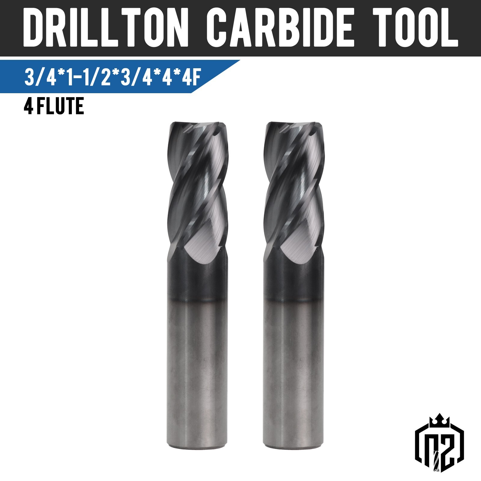 2 PCS 3/4" 4 Flute Solid Carbide 4" Overall Length End Mill - AlTiN Coated