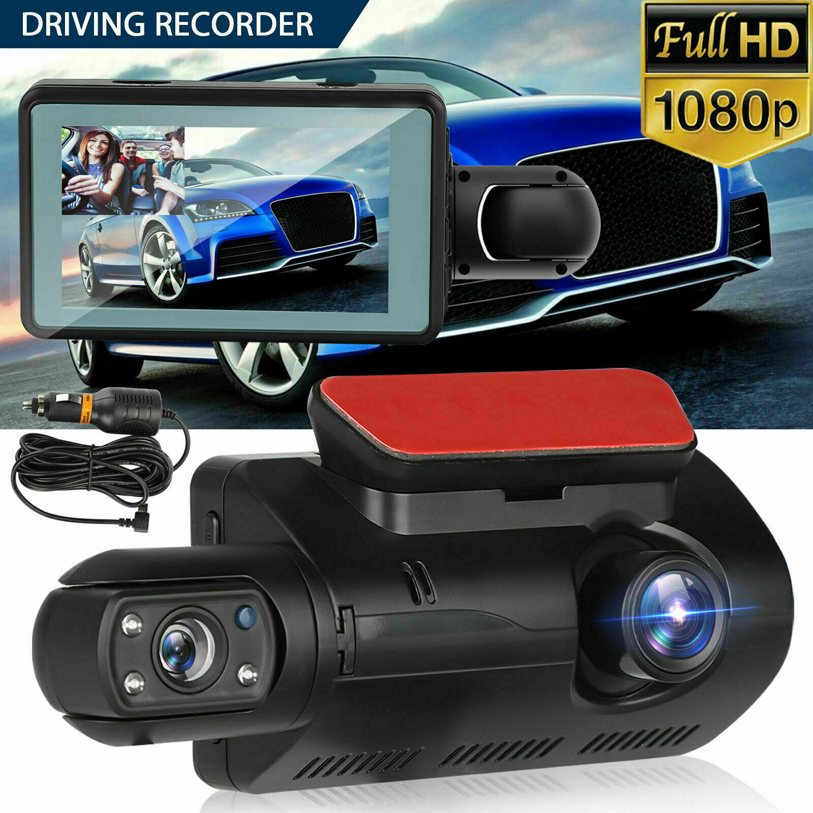1080P Dual Lens Car DVR Dash Cam Video Recorder G-Sensor Front and Inside Camera
