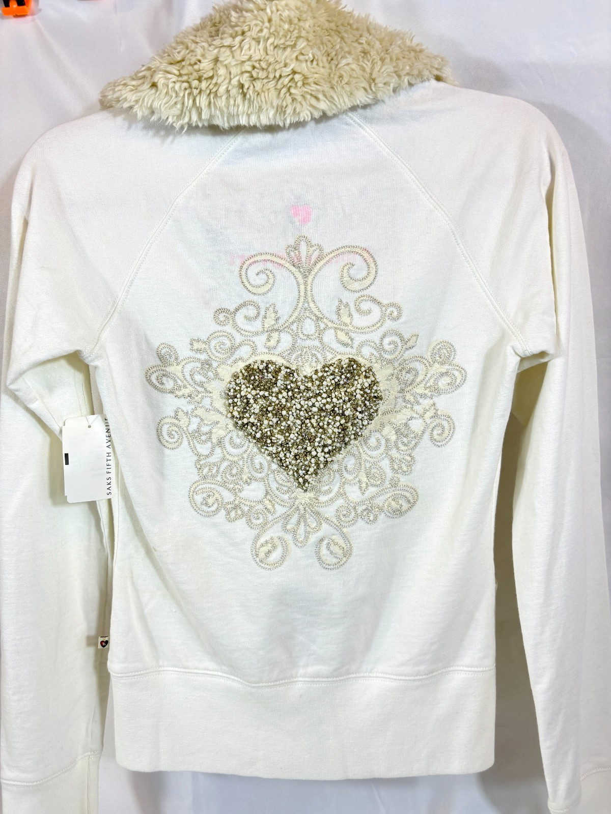 TWISTED HEART BEADED HEART Embroidered Zip Up Faux Fur Trim Hoodie Sz XS NWT