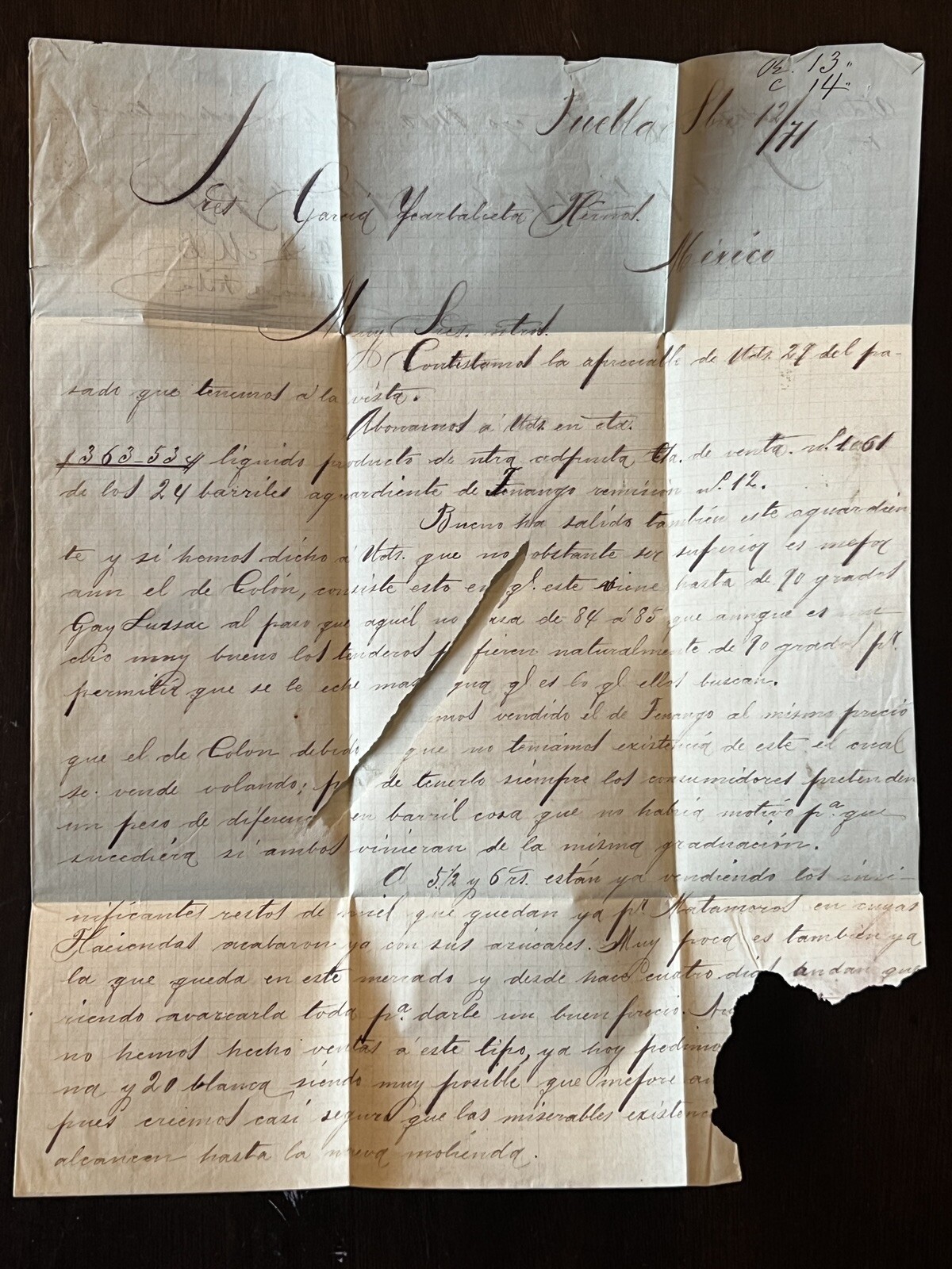 1871 PUEBLA MEXICO FOLDED LETTER COVER, OVAL CANCEL, HIDALGO IN CIRCLE STAMP