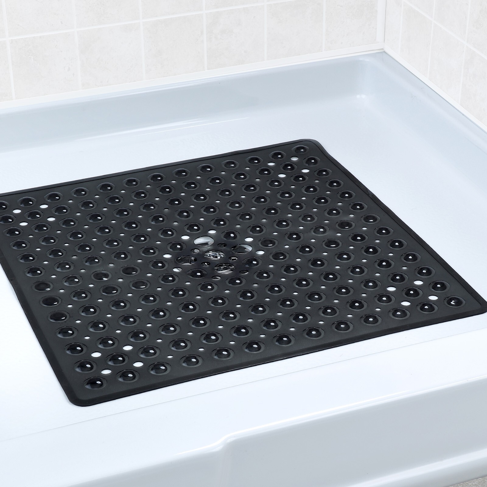 Large Non-Slip Shower Mat with Drain Holes: Black Square Shower Mat