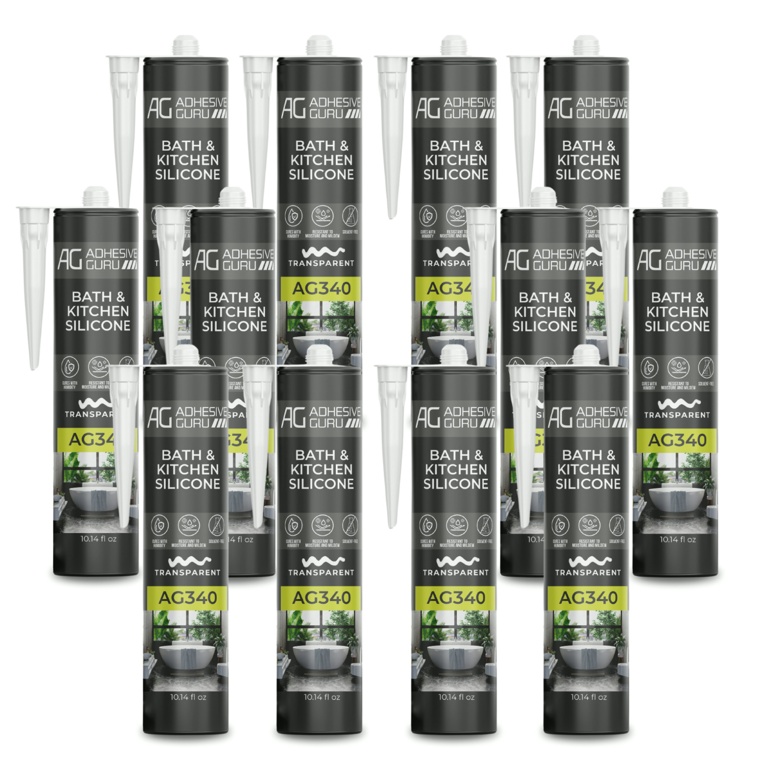 Adhesive Guru AG340 Clear Silicone Sealant (12x10.14 fl oz), 100% Silicone Caulk