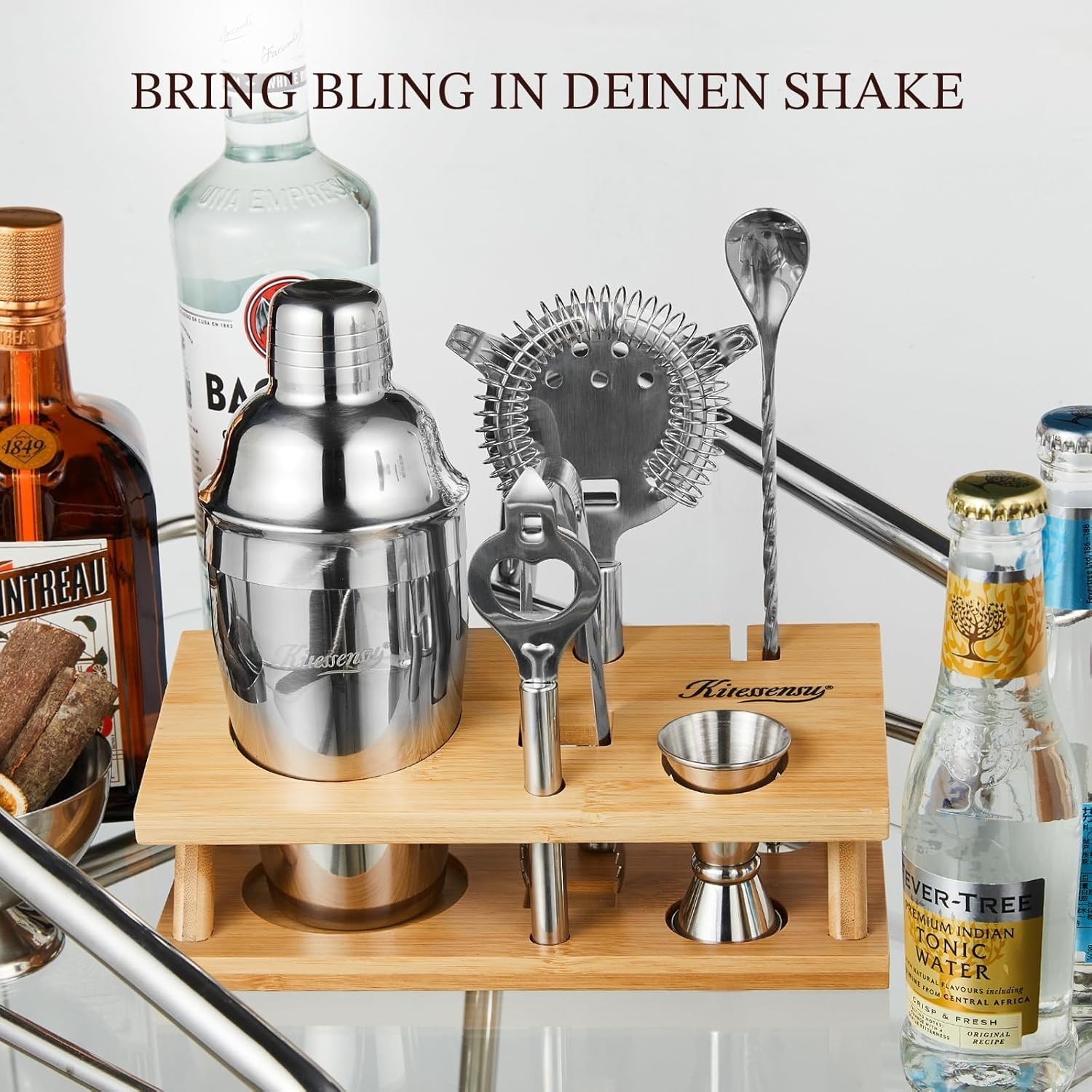 KITESSENSU Cocktail Shaker Set Bartender Kit with Stand - 6 Pieces - Silver NEW
