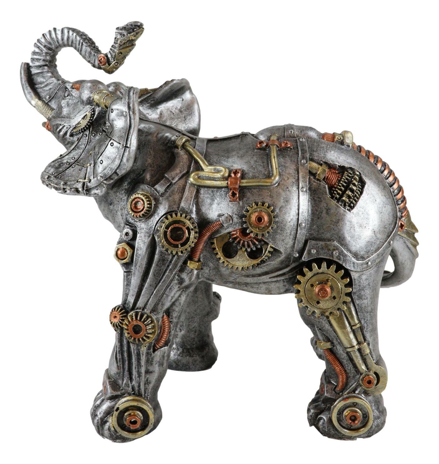 Ebros Steampunk Pressure Valve Geared Cyborg Elephant with Trunk Up Figurine