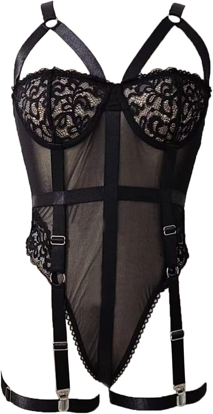 Sexy Lace Cup Body Stocking Lingerie Strappy Bodysuit with Garter Belt Underwear