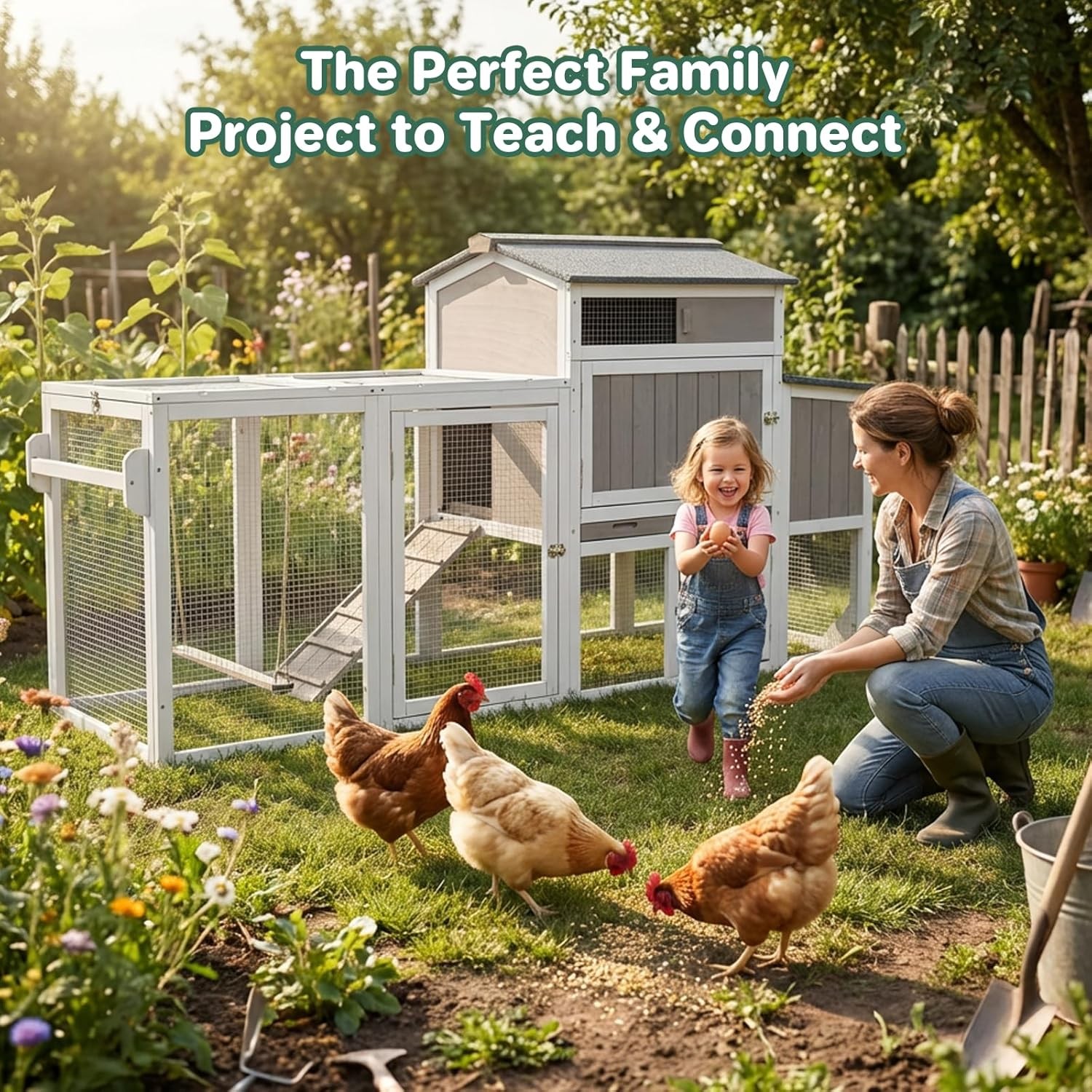 PETSCOSSET Outdoor Chicken Coop, Large Chicken House with Nesting Box, Gray