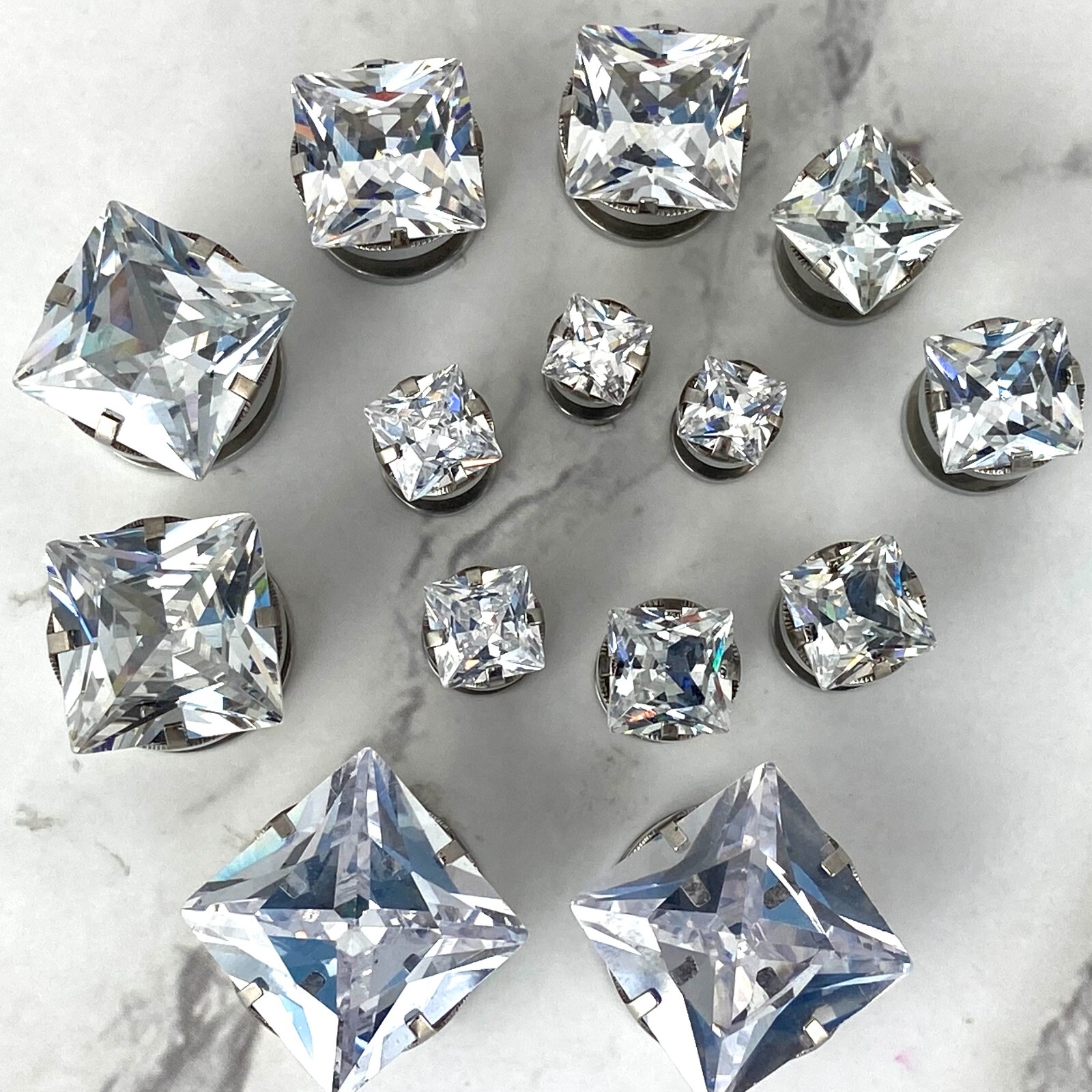 Pair of Prong Set 316L Steel Square CZ Screw on Plugs gauges