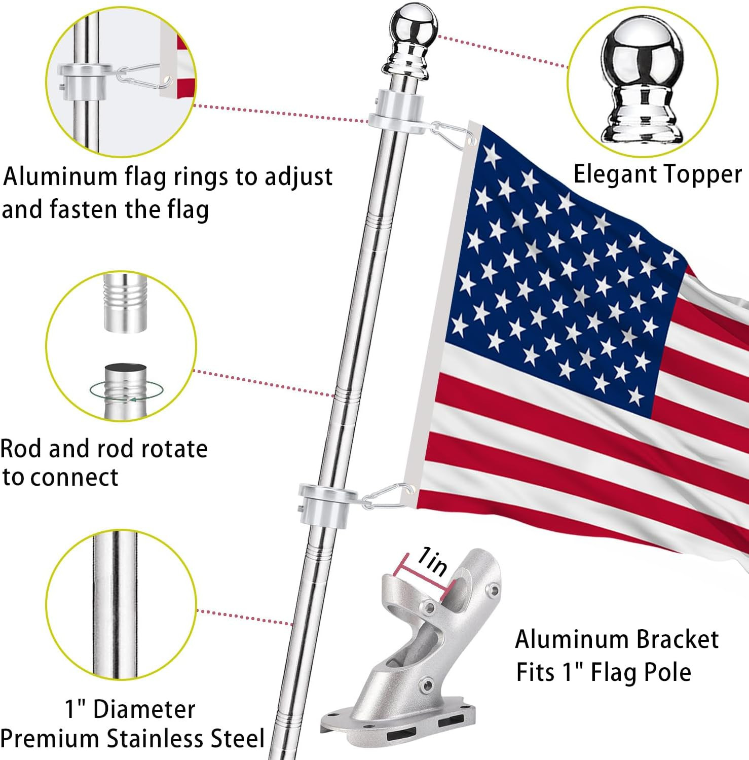2 Pack Flag Poles for House, 6 FT Flag Pole Kit with 2 No-Tangle Aluminum Ring C