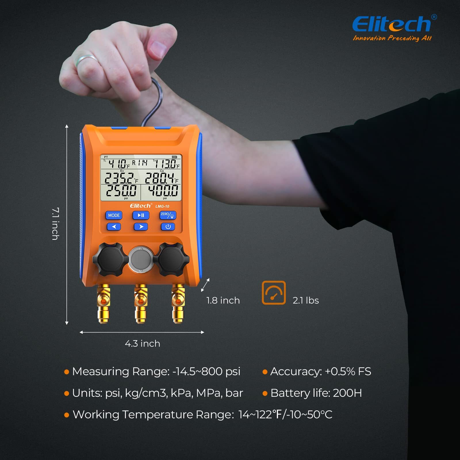 Elitech LMG-10 Digital Manifold Gauge Refrigeration Pressure Vacuum Temp Gauge