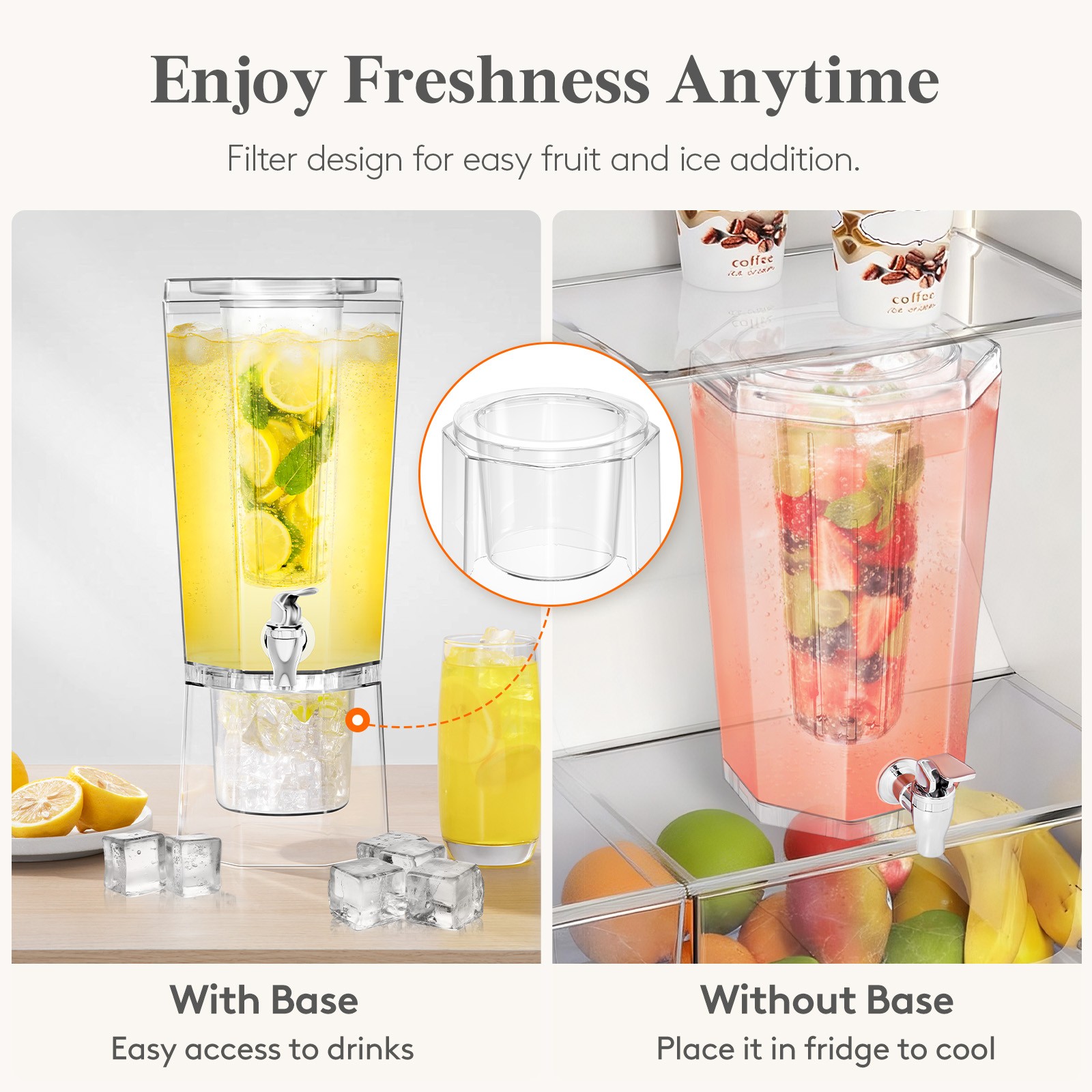 Drink Dispenser for Parties, Plastic Beverage Container with Stand & Ice Core