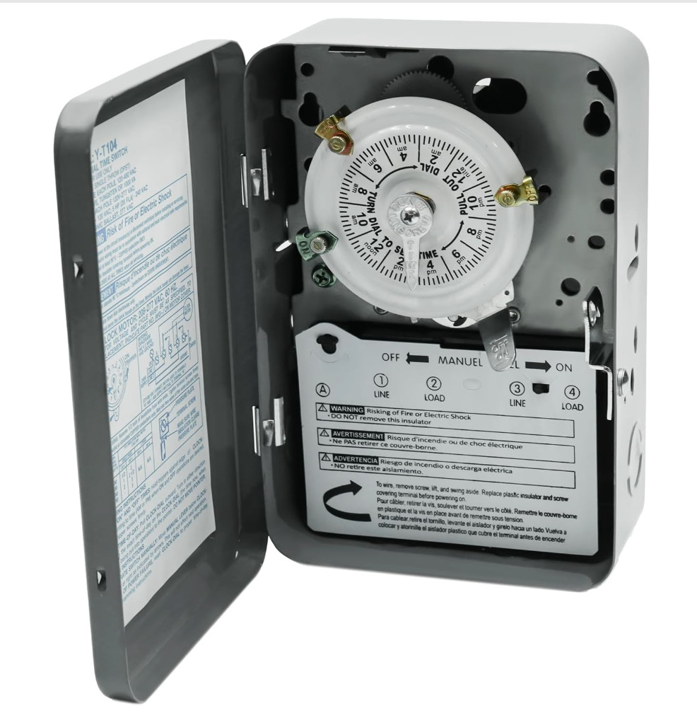 T104 Electromechanical Timer Switch, 40A Load Capacity, 1-12 Cycles Per Day