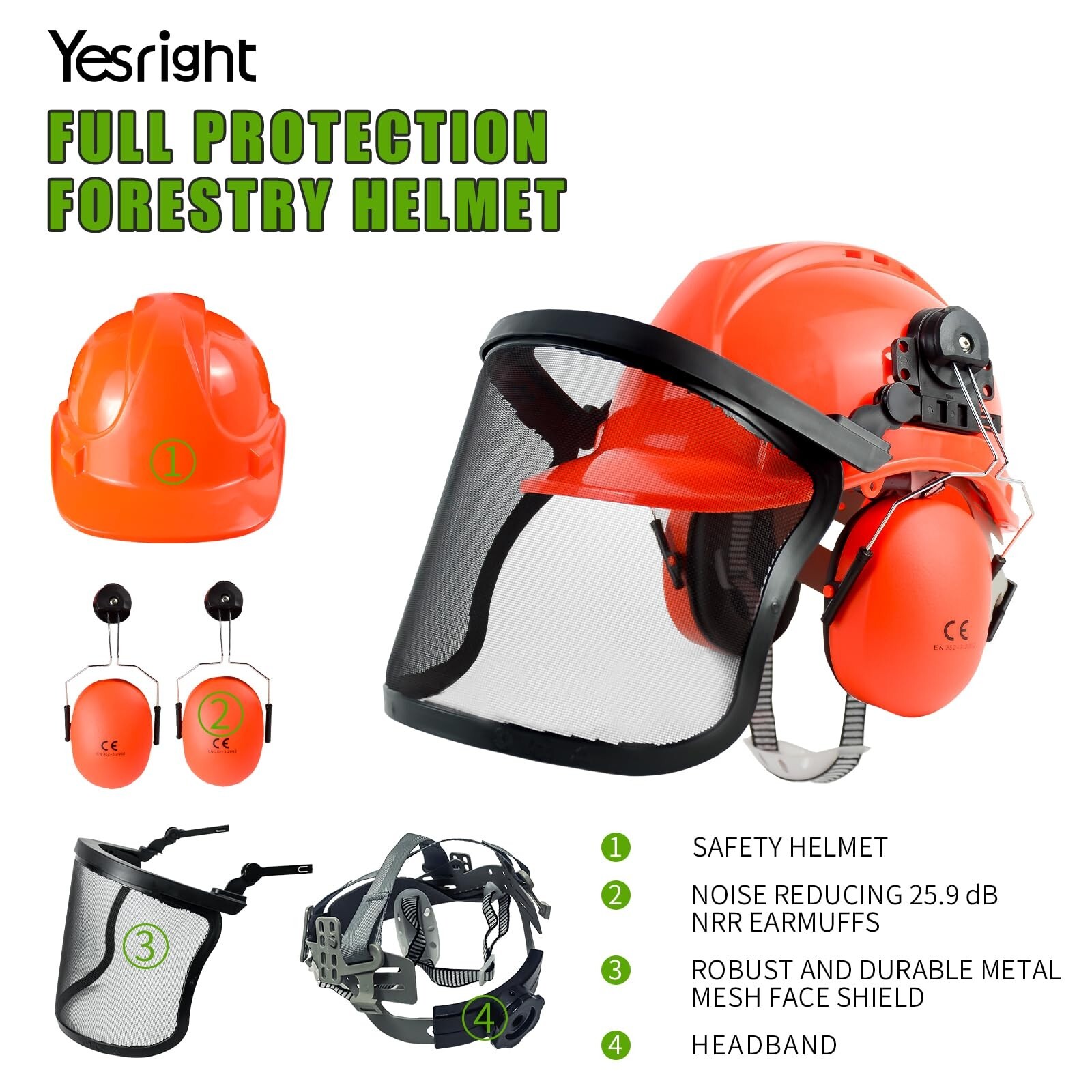 YesRight Chainsaw Helmet with Face and Ear Muffs Forestry Safety Helmet for Yard