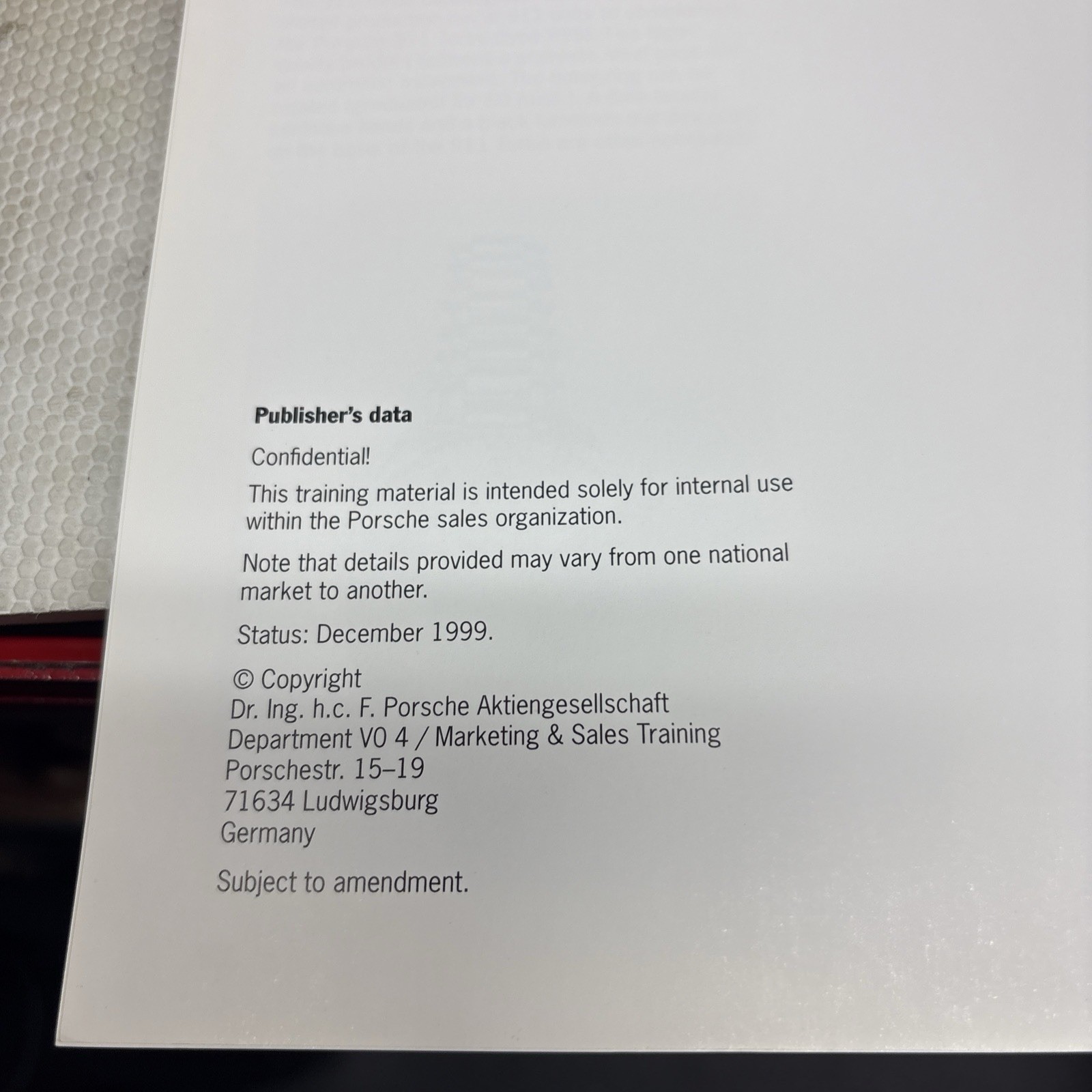 1999 PORSCHE 911 TURBO 996 PRODUCT INFORMATION INTERNAL SALES BOOK BROCHURE EURO