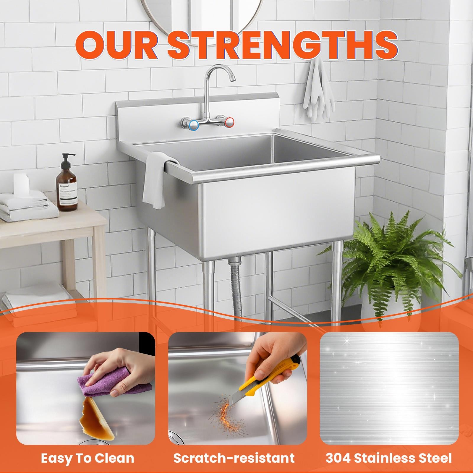 Commercial Stainless Steel Utility Sink Kitchen Wash Tub 27.56" × 11.9" × 27"