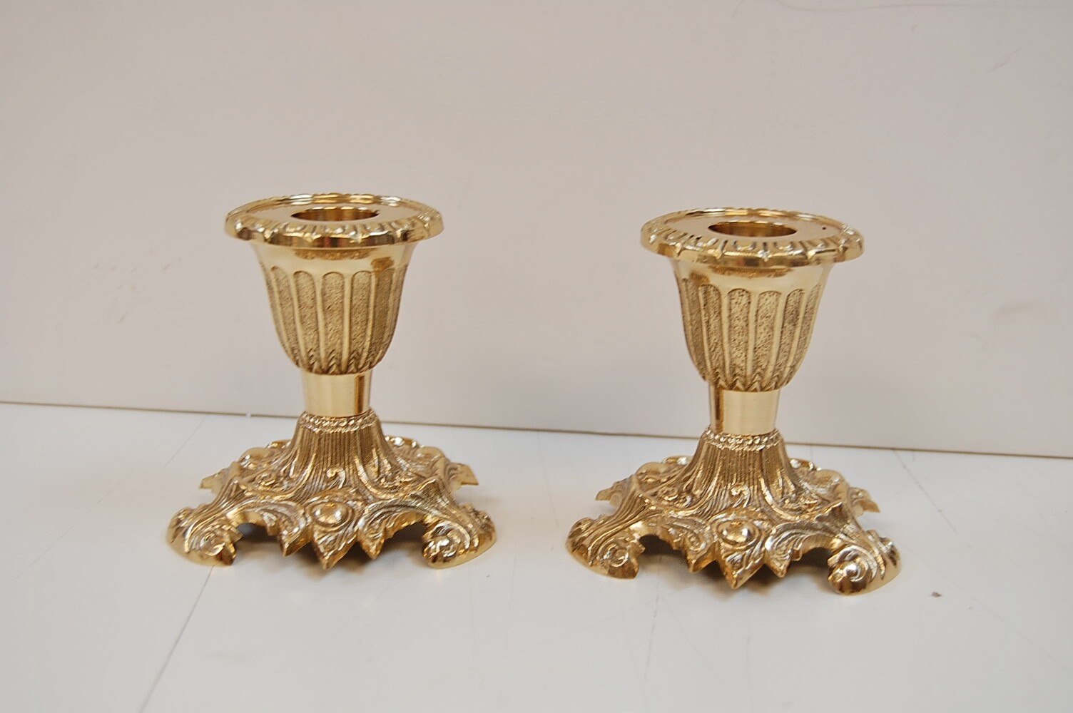 SET OF 6 SHORT 3 1/2" BRASS CHURCH ALTAR CANDLESTICKS & ALTAR CROSS (#399/#315)