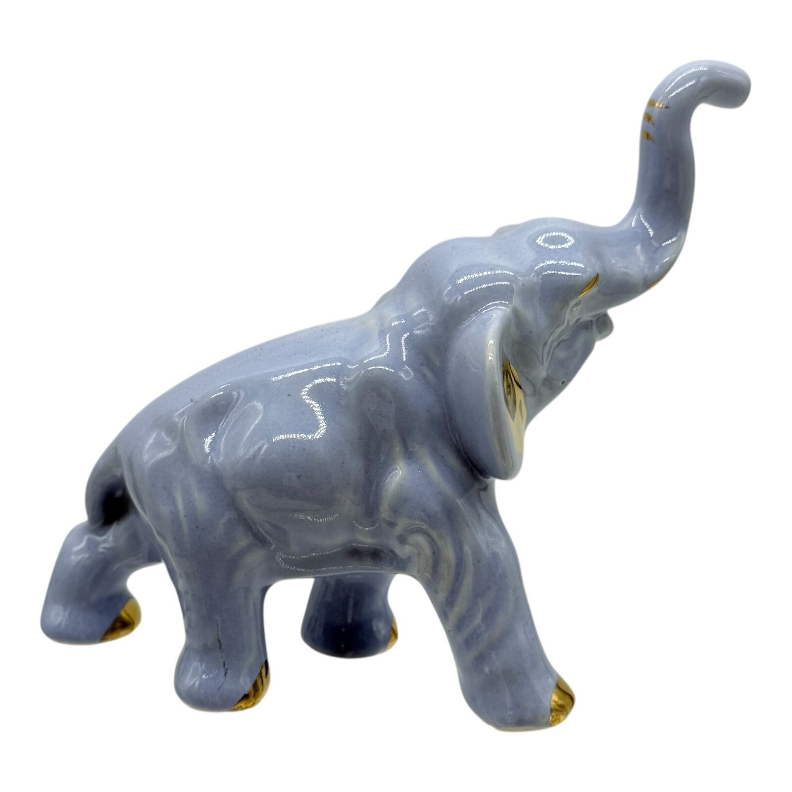 Elephant Figurine Blue Ceramic Gold Accents Trunk Up Good Luck Vintage Decor