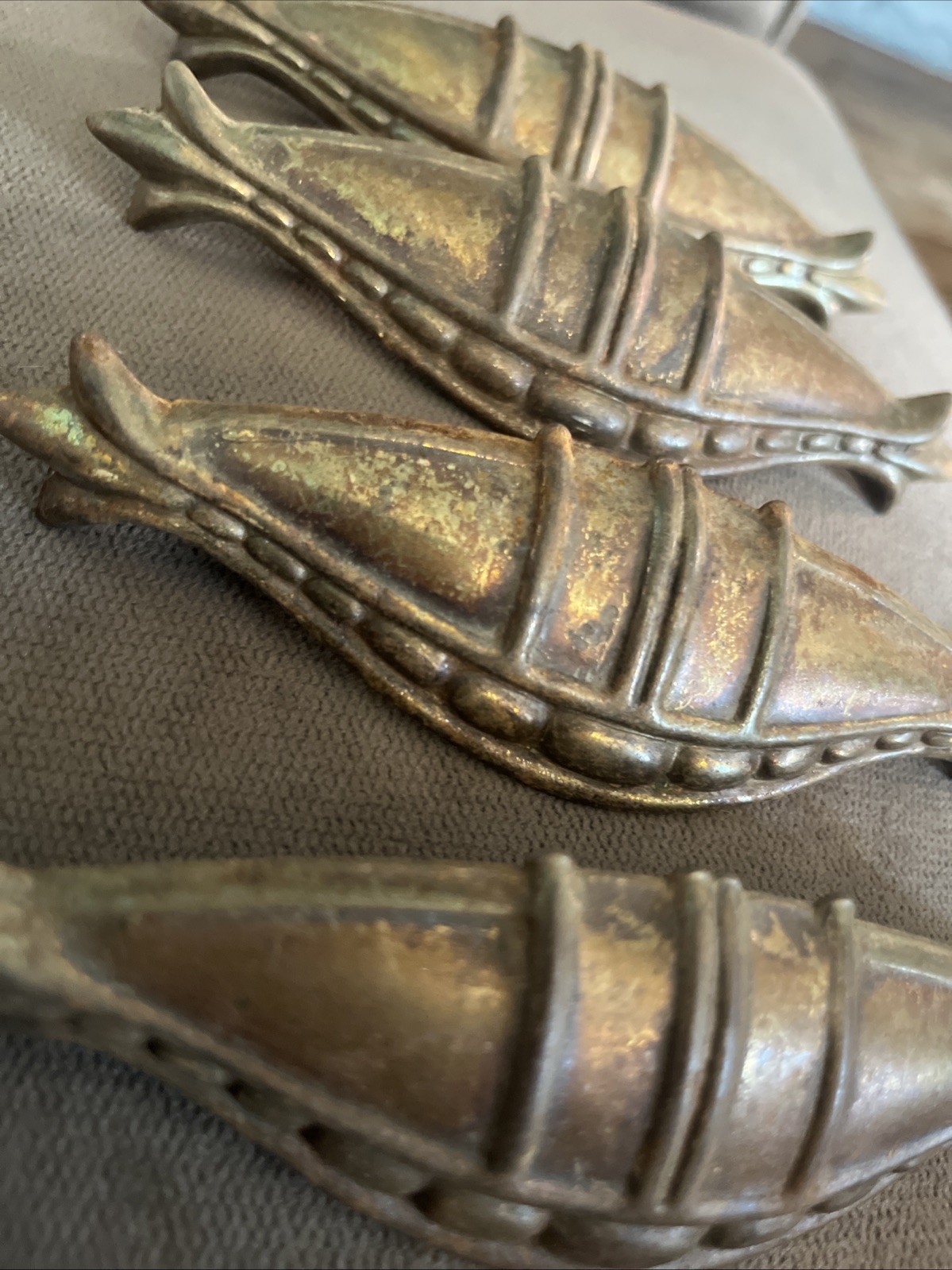 Set of 4 Vintage Art Decò Metal Ornate Drawer Pulls 6” Long Nice Patina