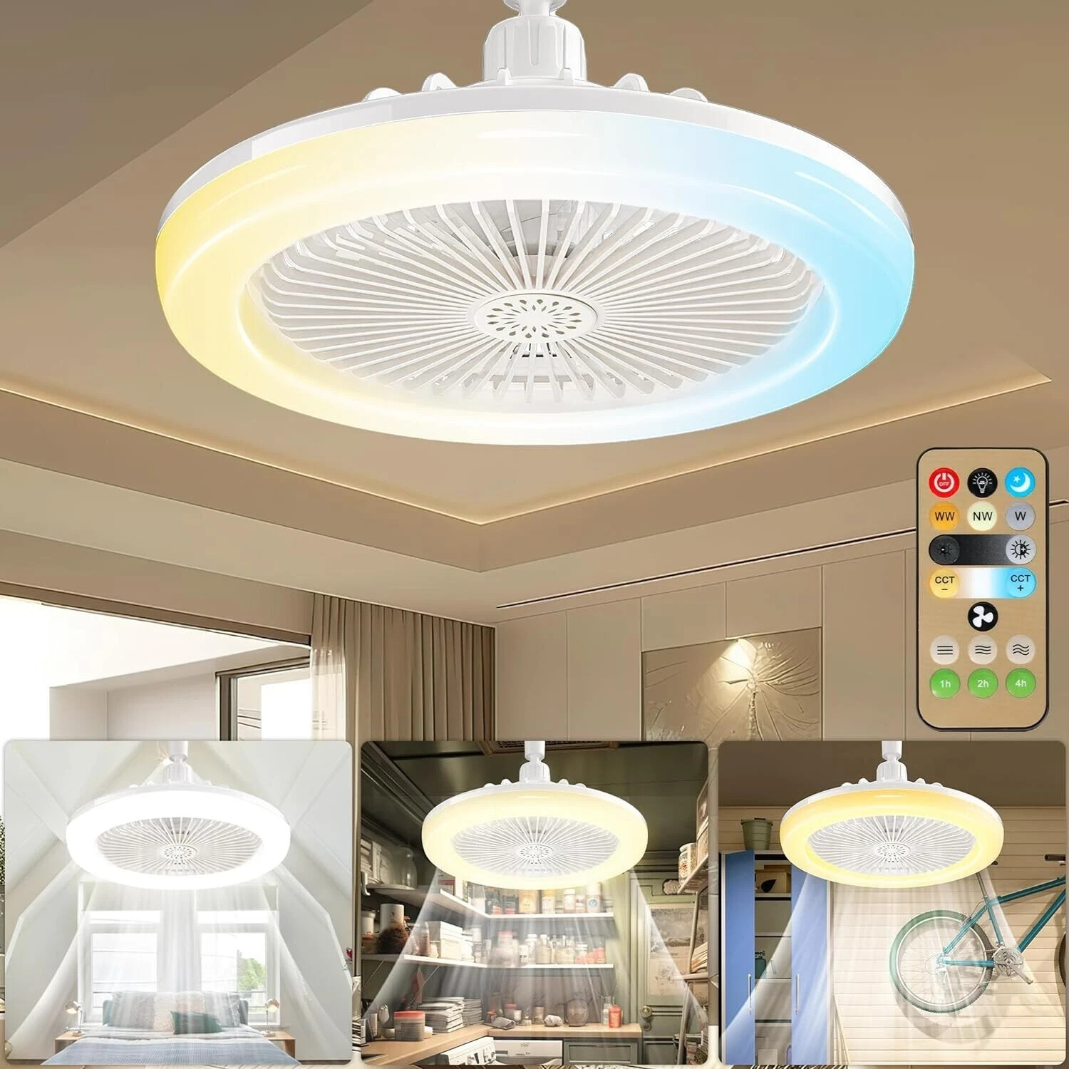 10" Adjustable E27 Socket Ceiling Fan Dimmable LED Light Remote Cooling Fan Lamp