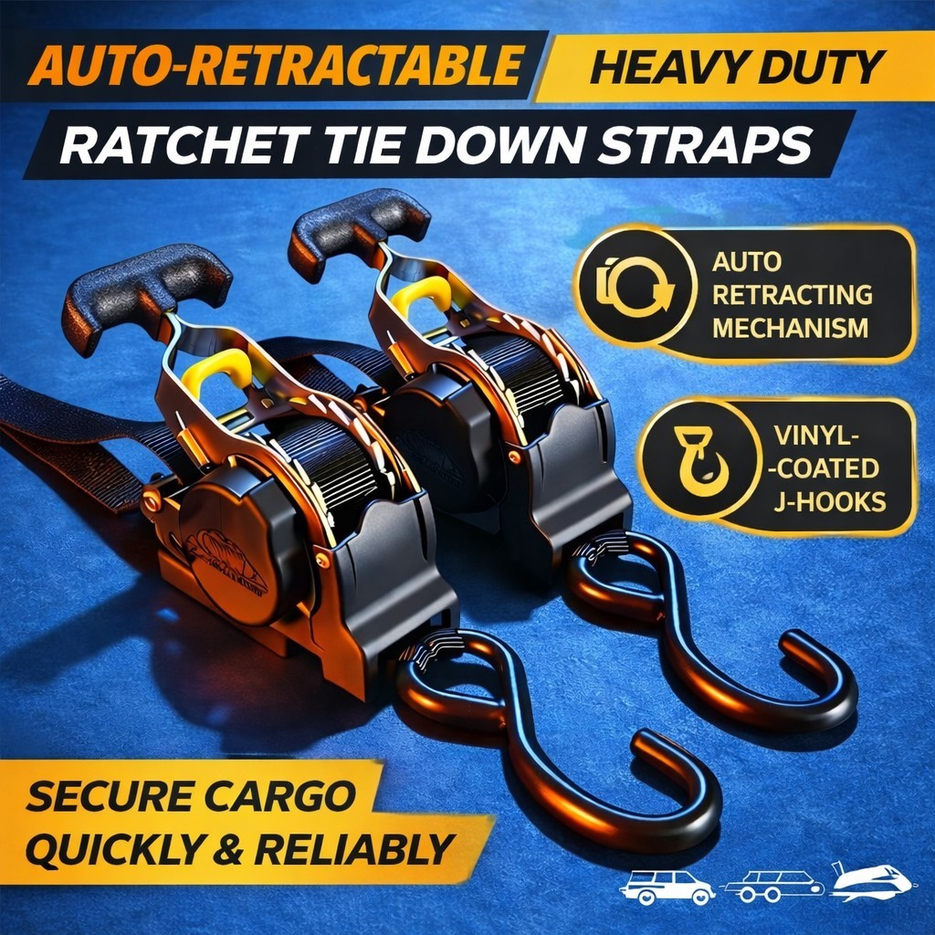 🔥 2-Pack 10FT Retractable Ratchet Tie-Down Straps | 1500LBS Heavy-Duty | S-Hook