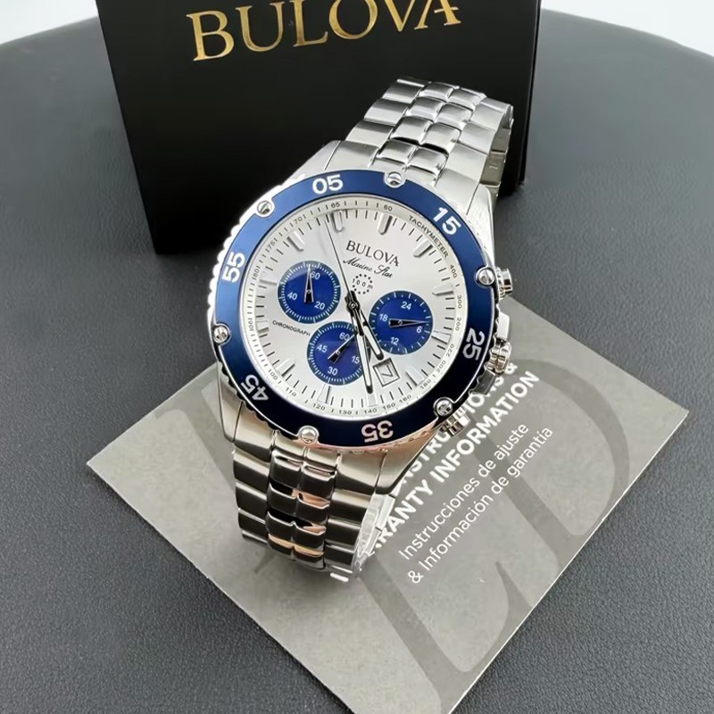 Men Bulova Marine Star White/Blue Dial Chronograph 98B423 Quartz Watch 41.5mm