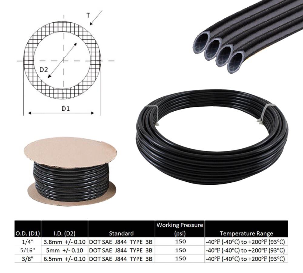 Air Line 1/4" OD x 500' Black SAE J844 Nylon Air Brake Tubing DOT Approved