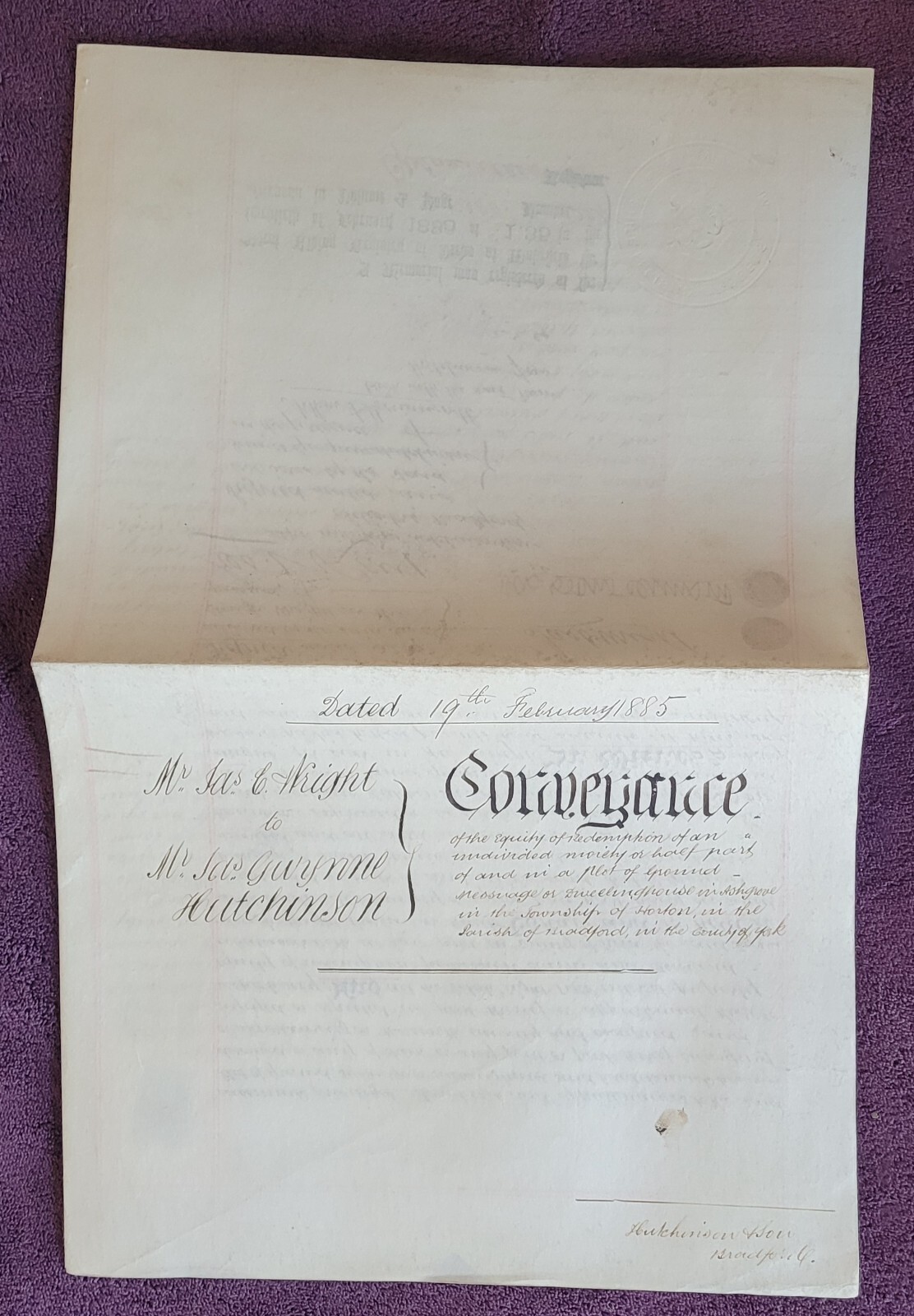 1885 Vellum Indenture. J.Wright. To J. Hutchinson Re: Ashgrove, Horton, Bradford