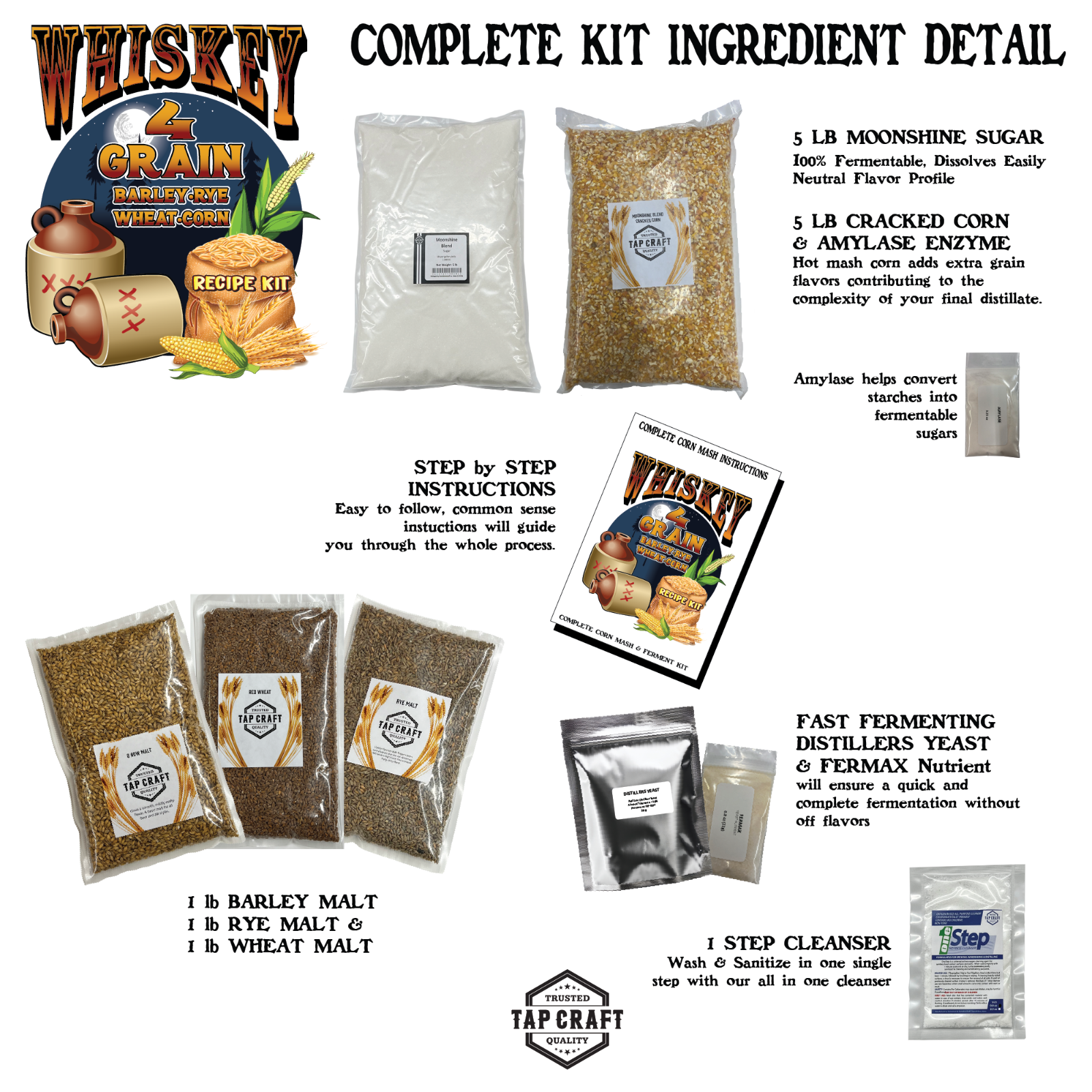 Complete Corn, Barley, Rye and Wheat Whiskey Fermentation Kit - 5 Gallon Mash Re