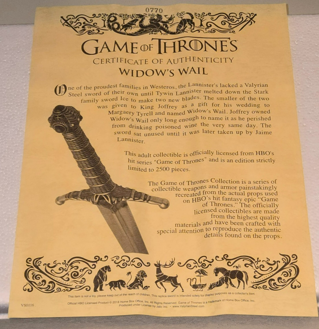 Game of Thrones Valyrian Steel WIDOW'S WAIL Sword Replica w/ boxes