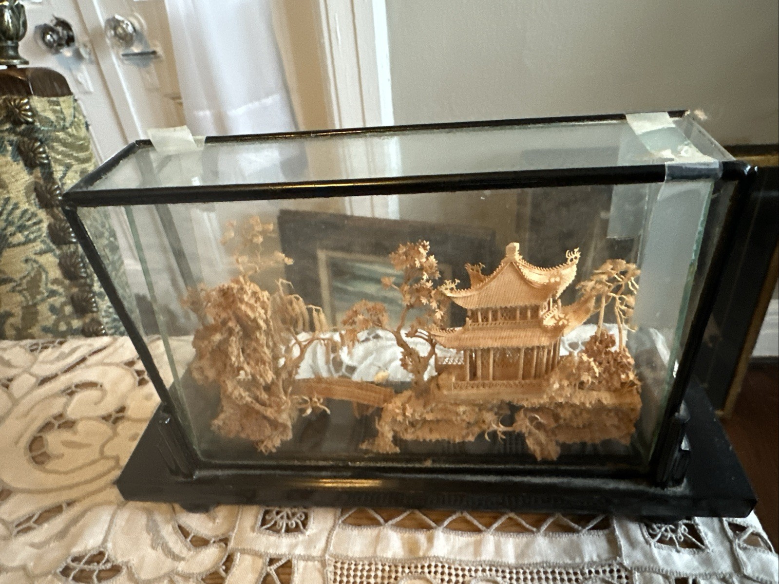 VTG Fujian Chinese Art Sculpture Diorama Cork Wood Carving Trees Crane Pagoda