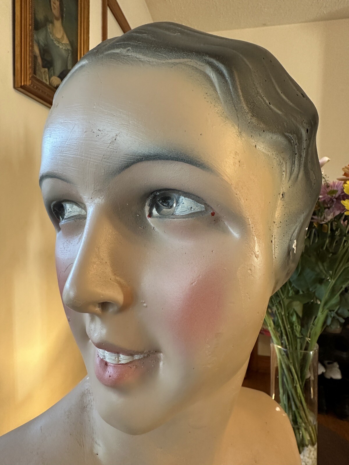 Vintage French Paris Lady Woman Hat Bust Head Champs Elysees Mannequin Plaster