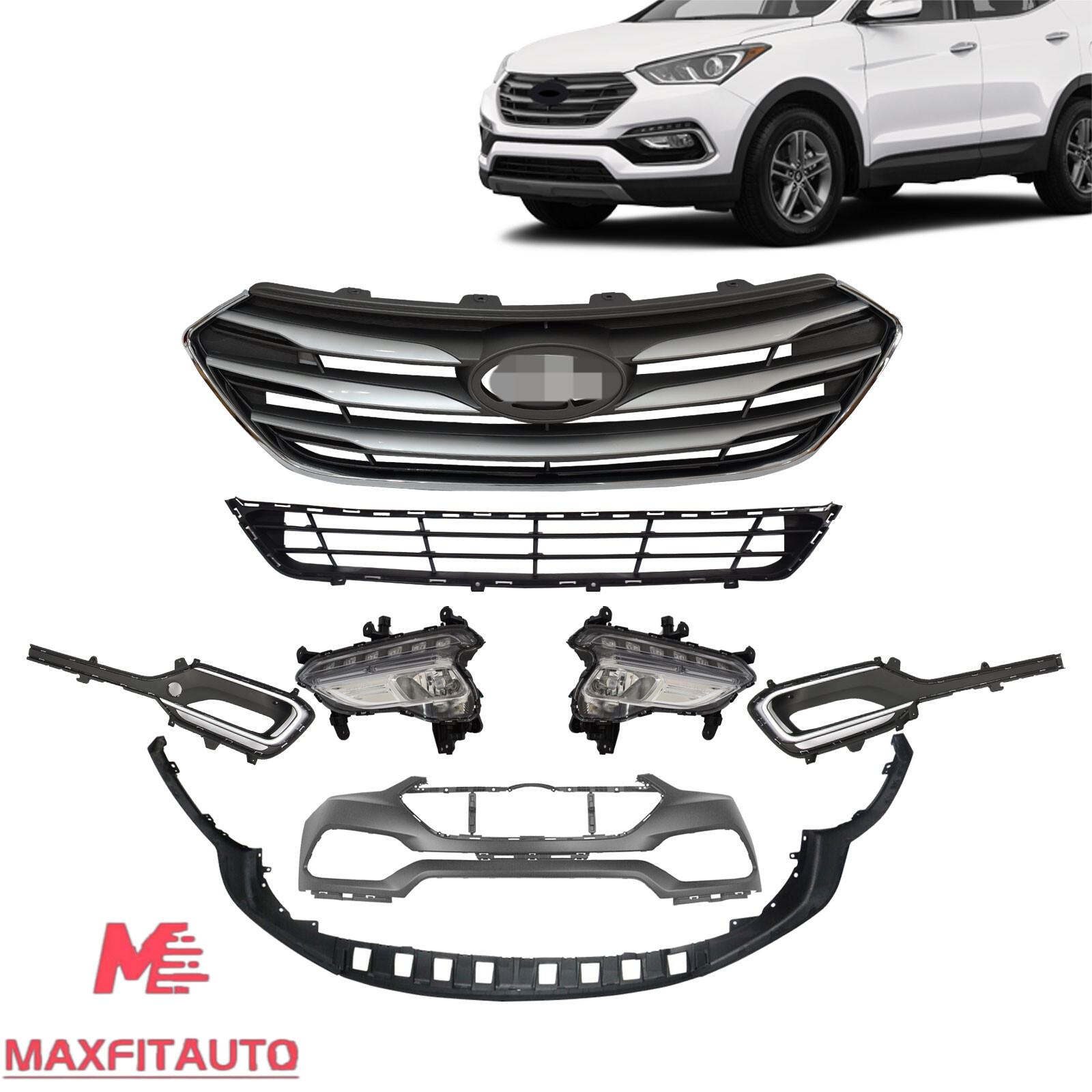 Fits Hyundai Santa Fe Sport 2017-18 Grille/Bumper/Fog Light/Bezel W/Chrome Trim