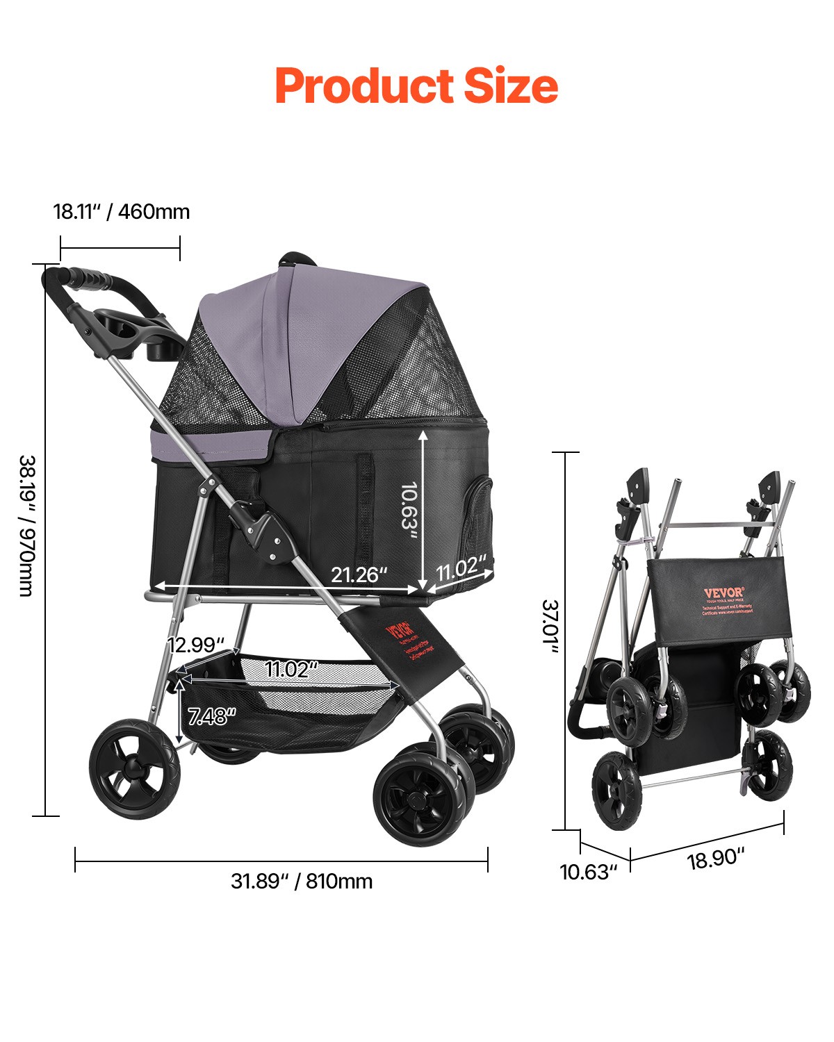 VEVOR Pet Stroller Foldable 4 Wheels Dog Stroller Detachable Carrier up to 35lbs