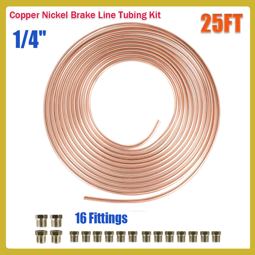 1/4 OD Copper Nickel Brake Line Tubing Kit 25 Ft Coil Roll w/ 16 Fittings US