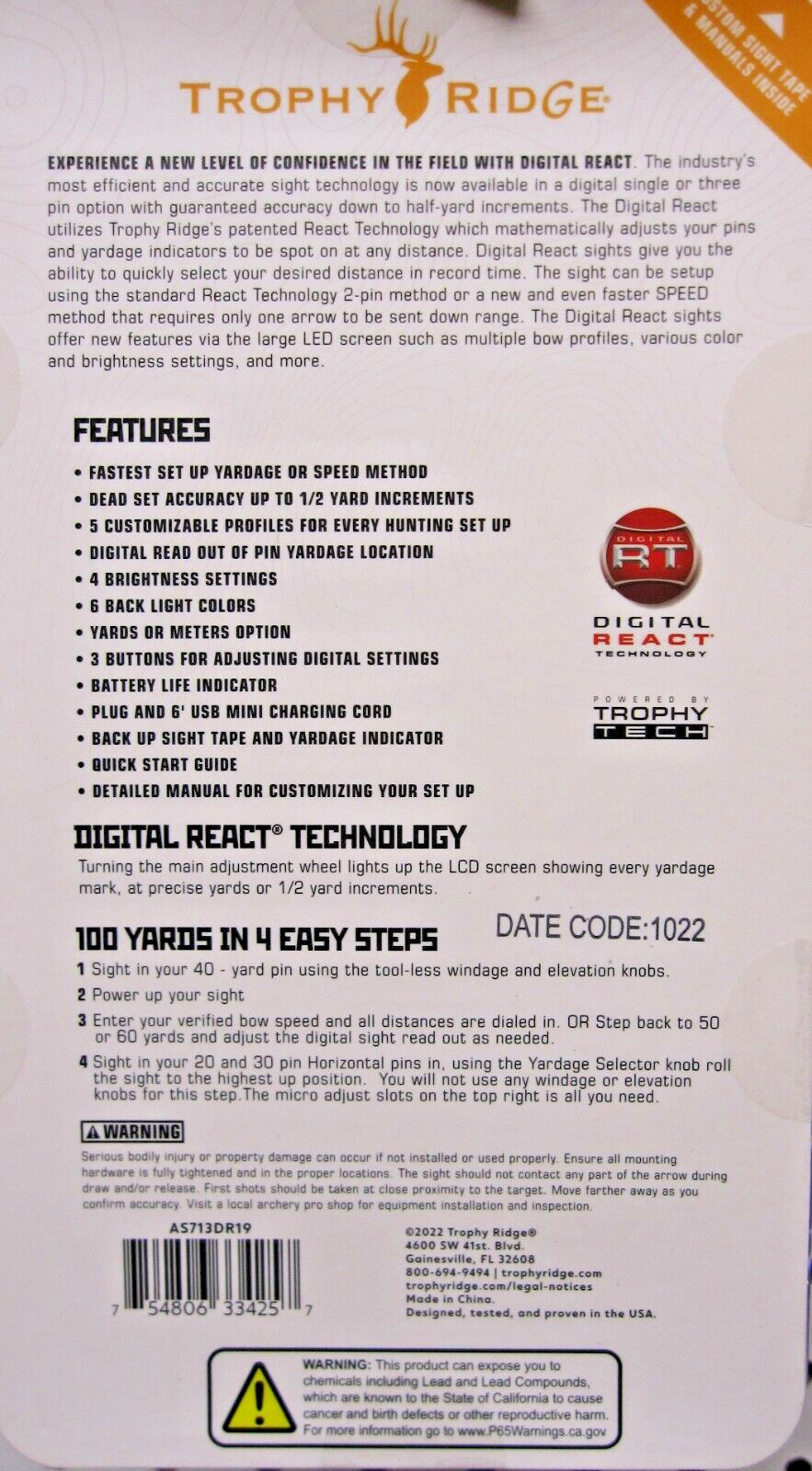 Trophy Ridge Digital React Trio Pro 3 Pin .019 .019 .010 RH, AS713DR19-New