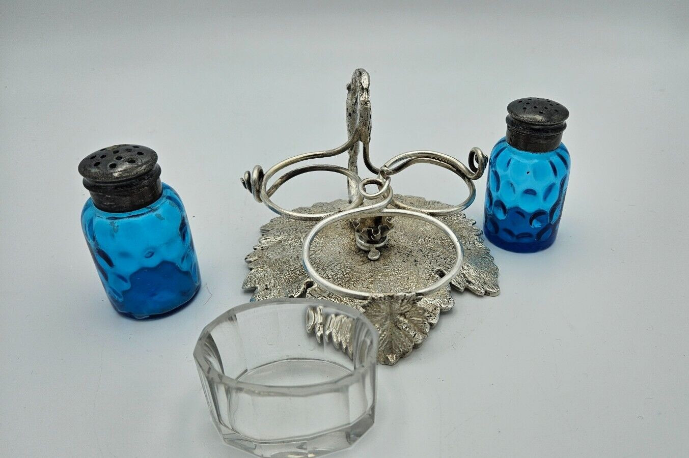 Antique sterling silver Hand-Made Stand w/Salt & Pepper Shakers & Salt Cellar