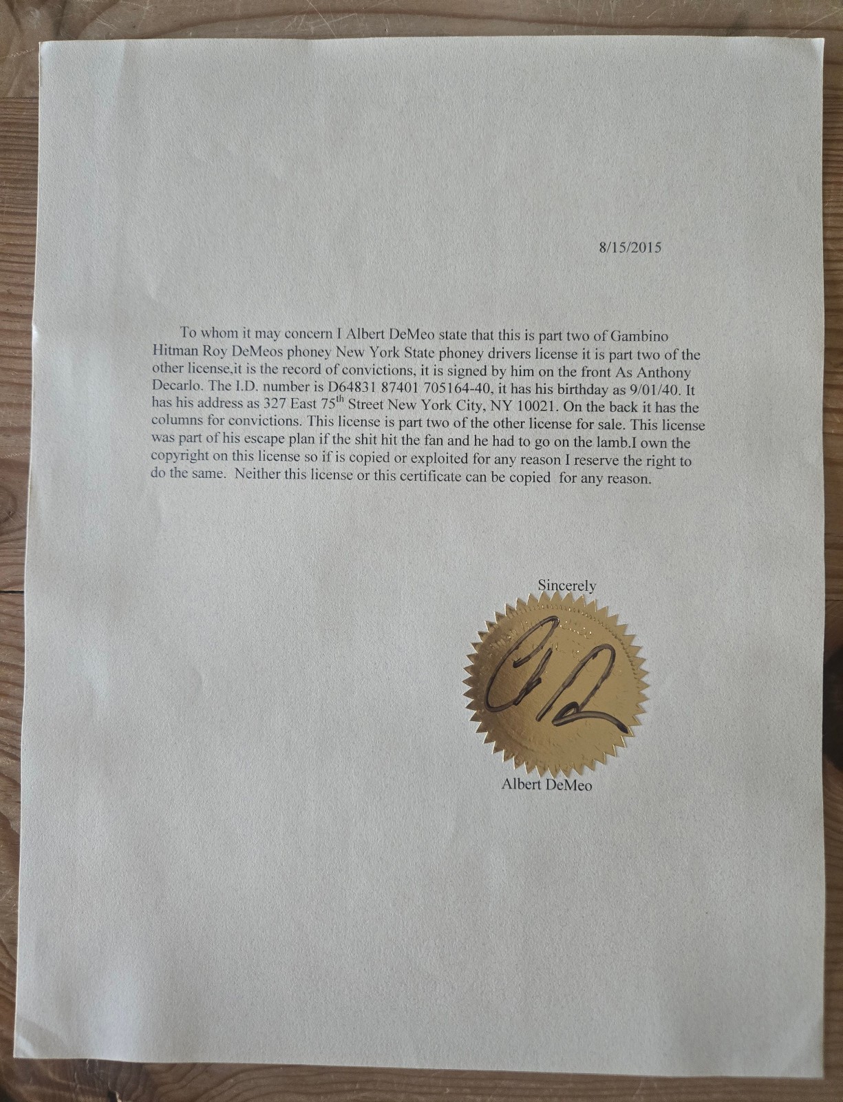 Mobster Roy DeMeo Signed Fake ID - Gambino Family Gangster - New York Mafia