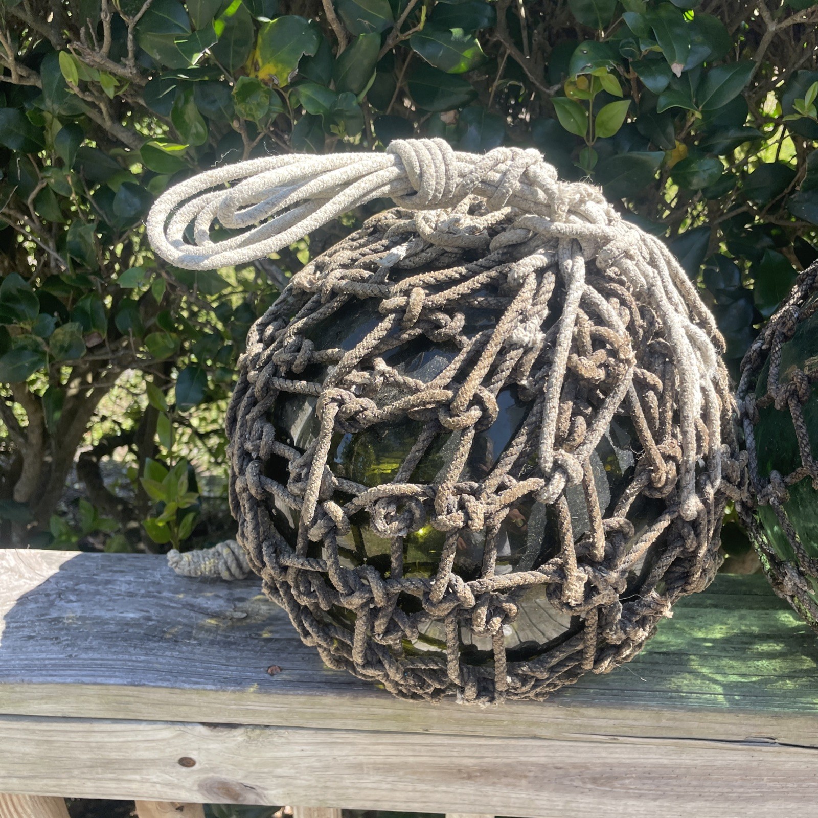 Japanese Large Glass Fishing Float Buoy Ball Net Vintage, Green