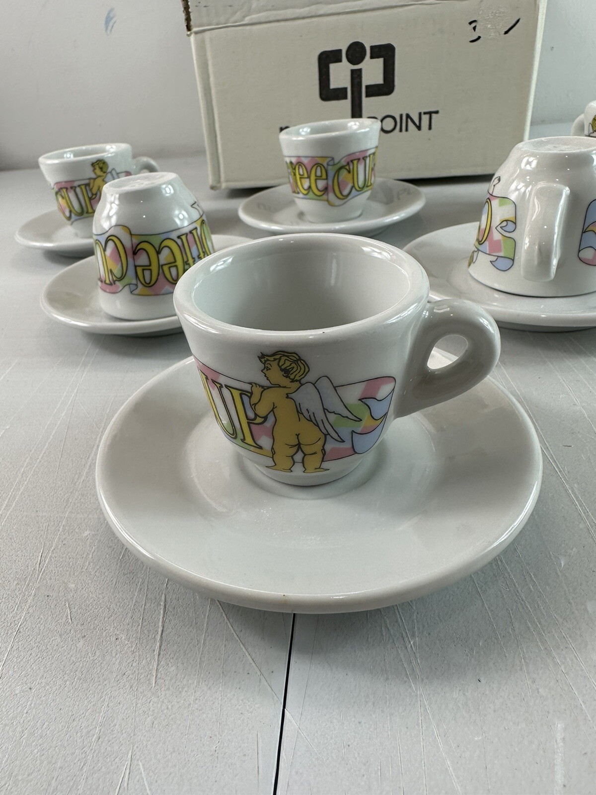 New! NUOVA POINT Espresso Set of 6 Cherub Angels Cups & Saucers Made In Italy