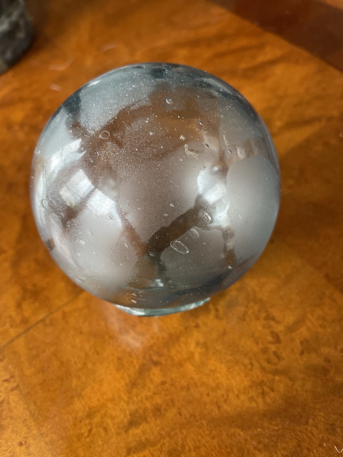 Antique Glass Fish Net Float With Rope Marks Teal Blue Color Wide Pontil