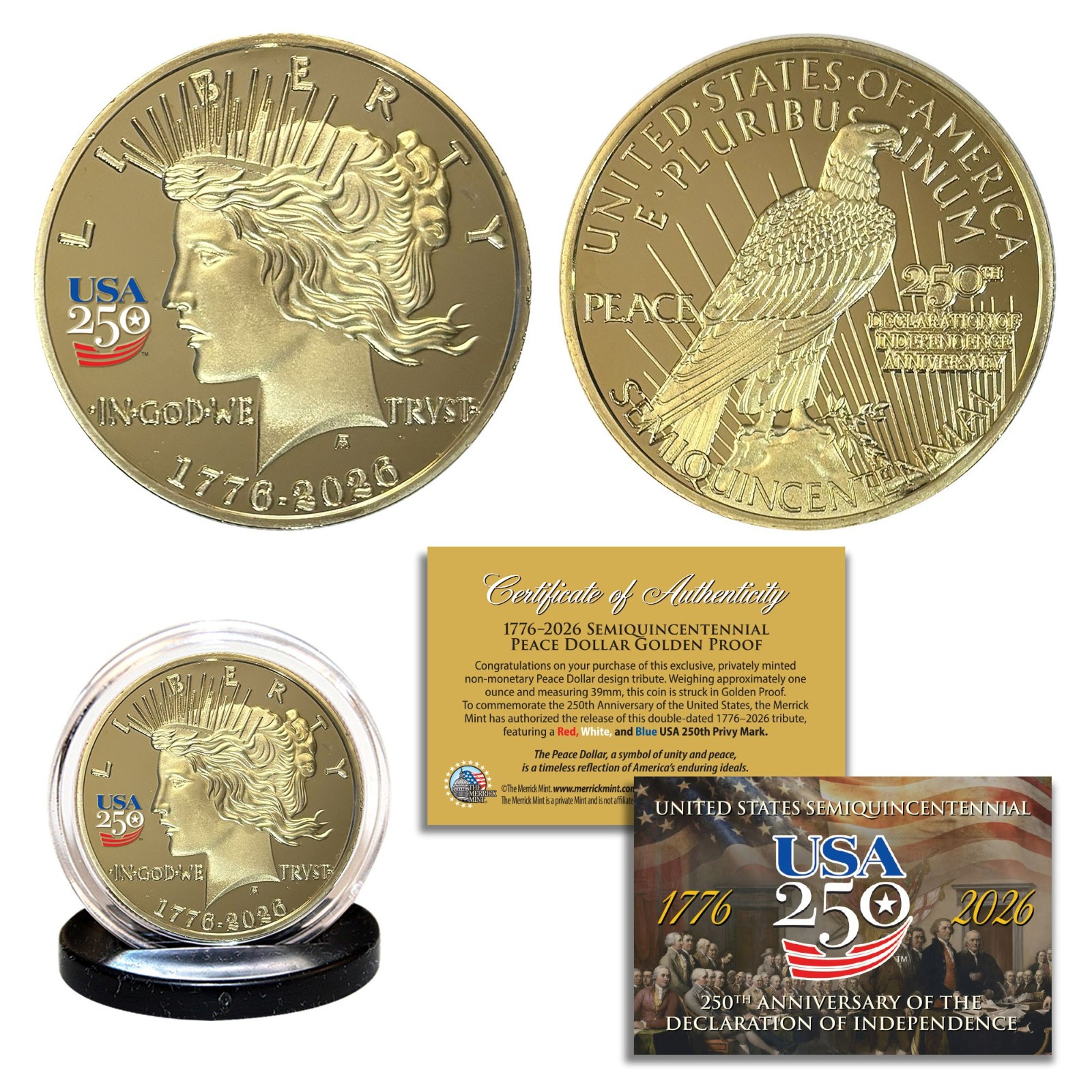 America 250th Anniversary Peace Dollar Golden Proof Privy Coin