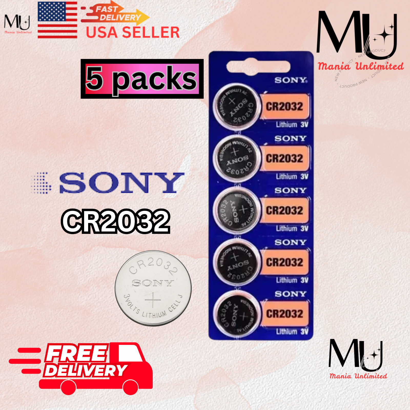 5Packs Sony CR2032 3V Button Lithium Coin Battery Expire 2034 fit ECR2032 DL2032