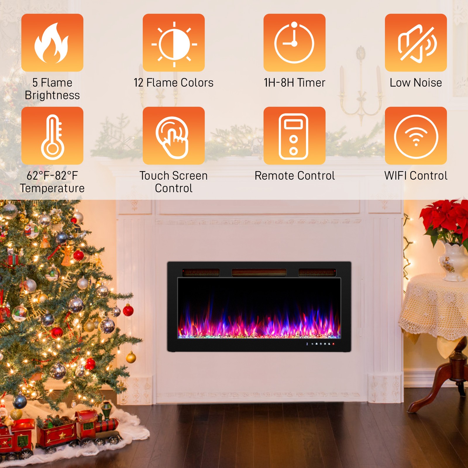 42'' WIFI Electric Fireplace 1500W Wall Mounted & Recessed Fireplace Heater