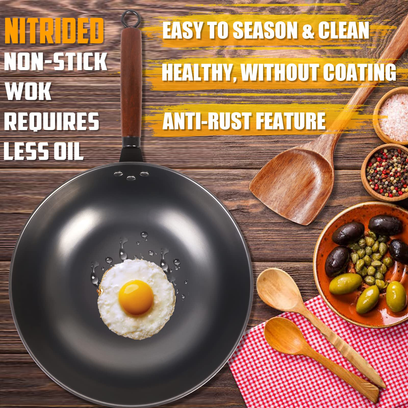 Carbon Steel Wok Pan with Lid Spatula Nitrided Nonstick Anti-rust for All Stoves