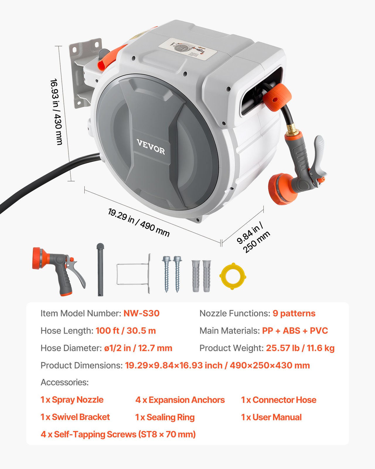 VEVOR Retractable Garden Hose Reel 1/2 in x 100 ft Wall Mount