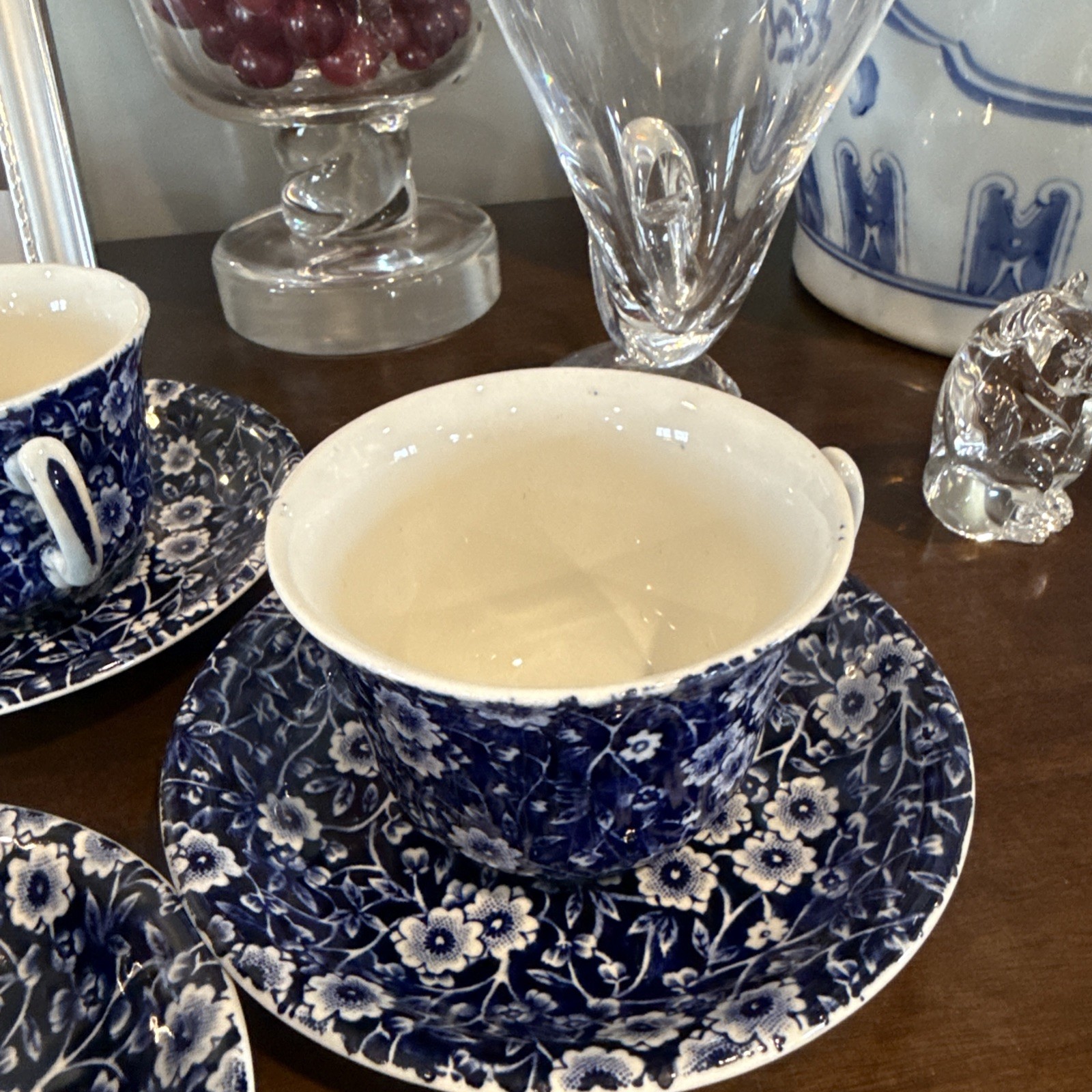 Vintage ROYAL CROWNFORD Blue Calico Cup & Saucer 13 Sets Sold Each Excellent