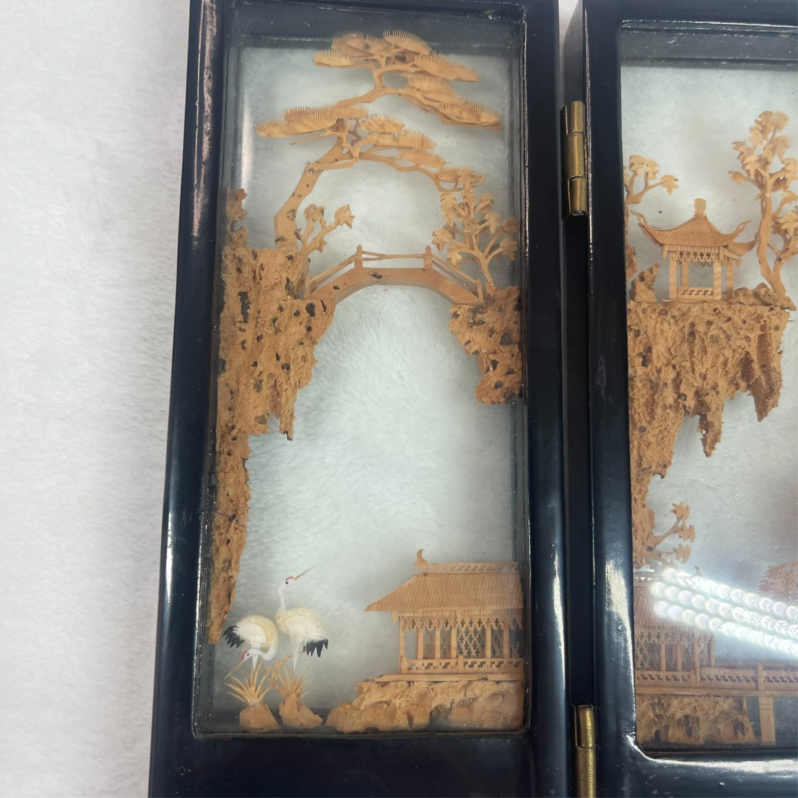 Vintage Chinese Cork Diorama Folding Screen Double Glass Lacquer Wood 4 Panel